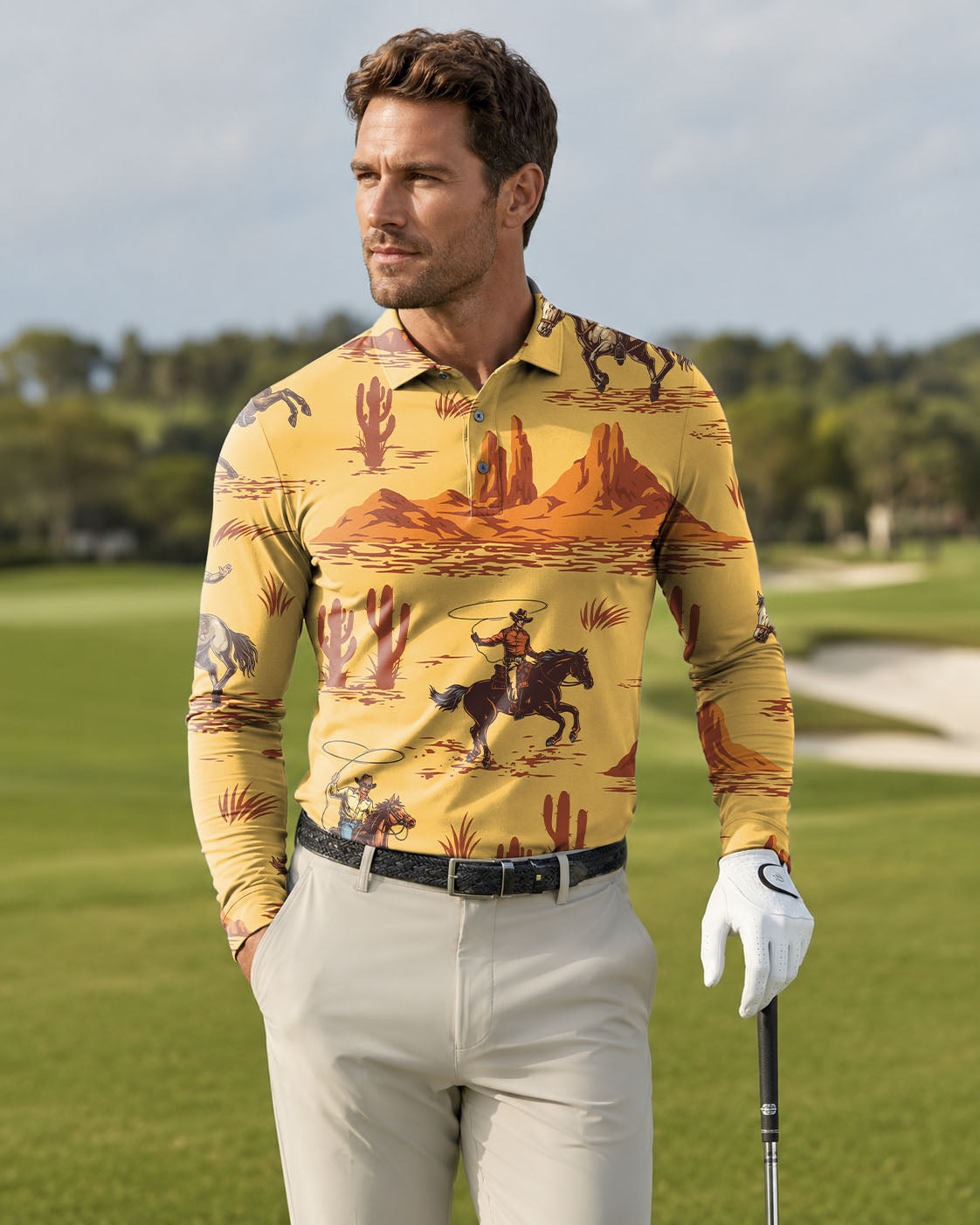 Men's west cowboy Long-sleeved Polo
