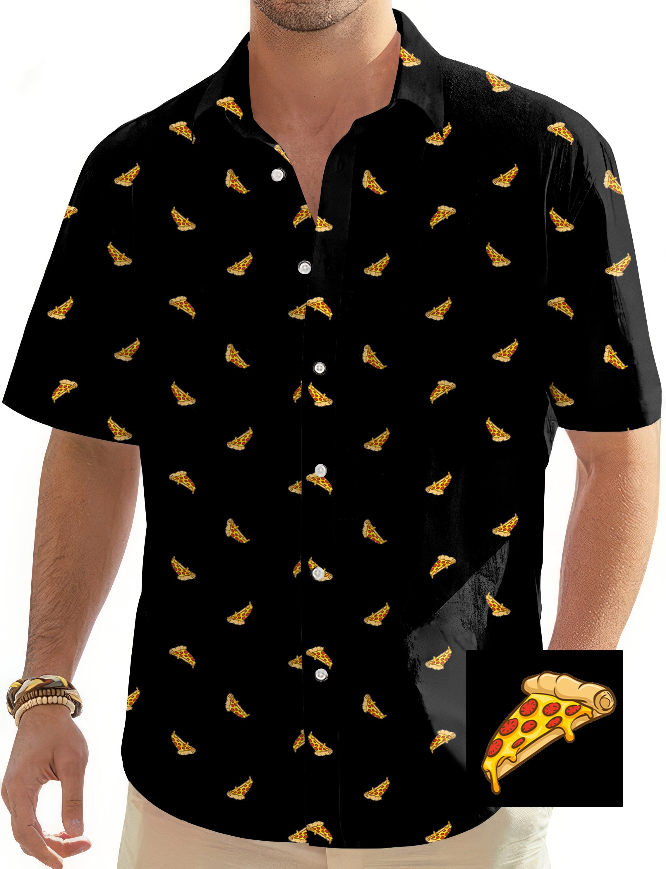 Men's black button-down Hawaiian shirt with white pizza custom print
