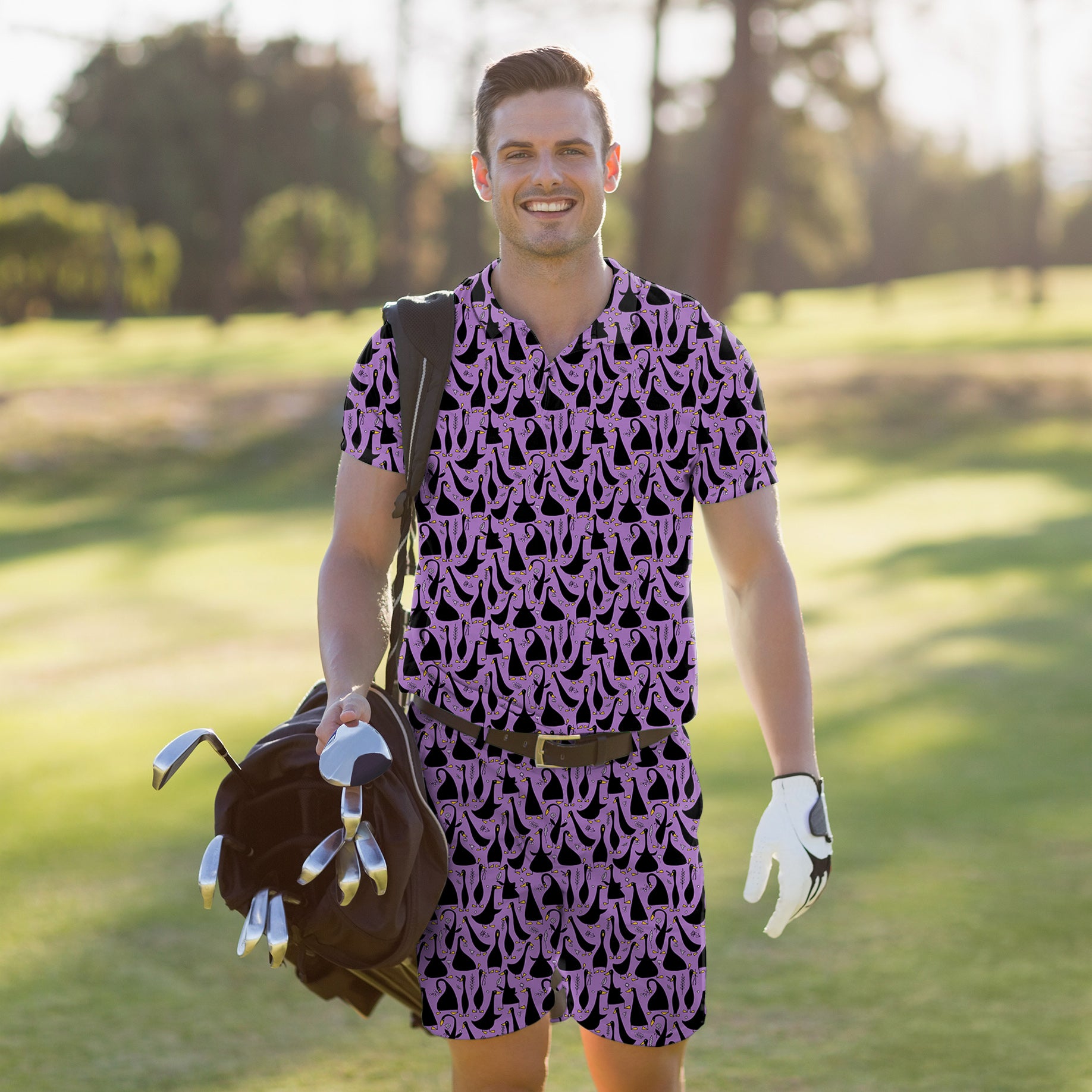 Men's Golf Set Polo+Shorts Black Goose Purple