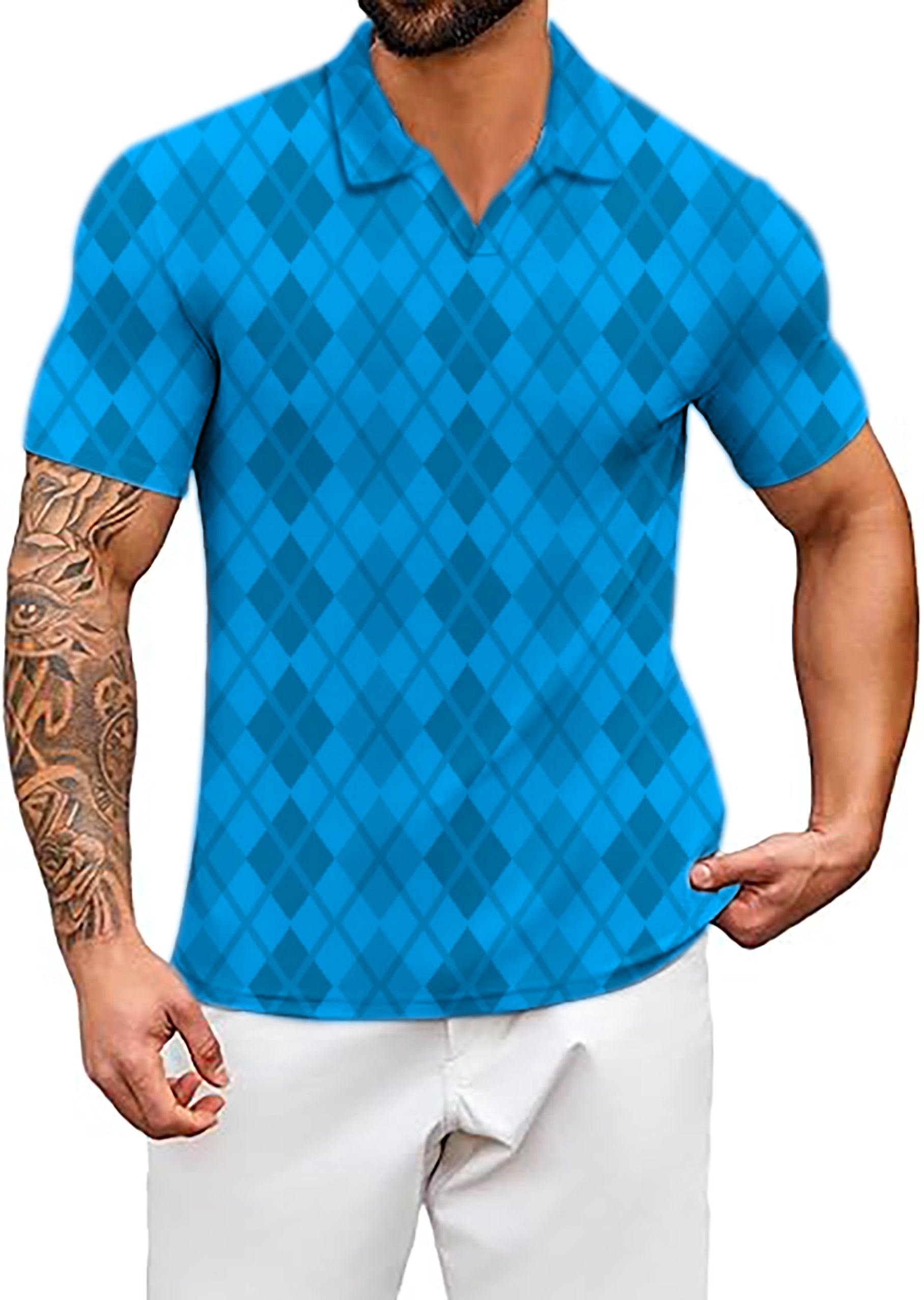 Men's Argyle Blue grid V Neck Golf Polo Shirts