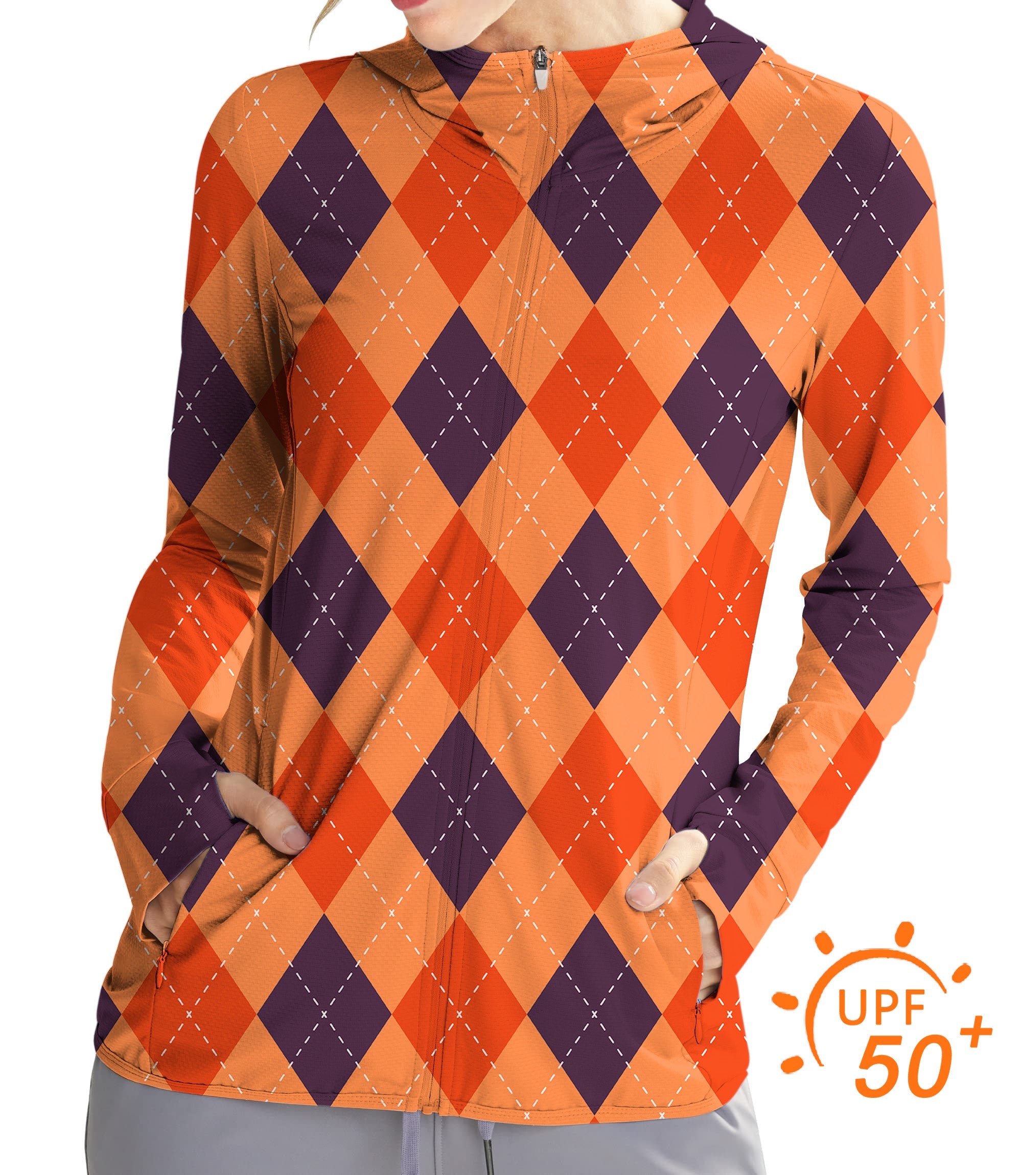 Women's Halloween argyle golf hoodie in black, red, and orange with UPF 50+ sun protection and slim fit design