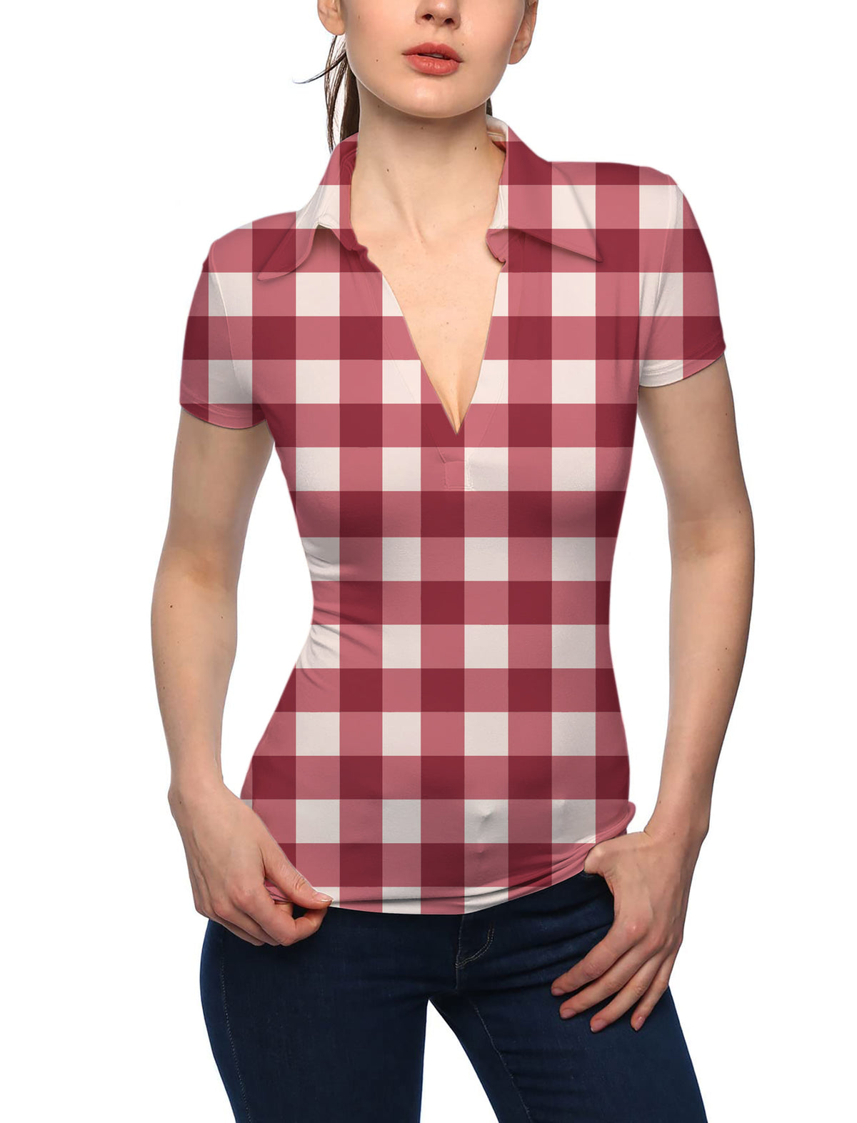 Women's Christmas red checkerboard V Neck Golf Polo