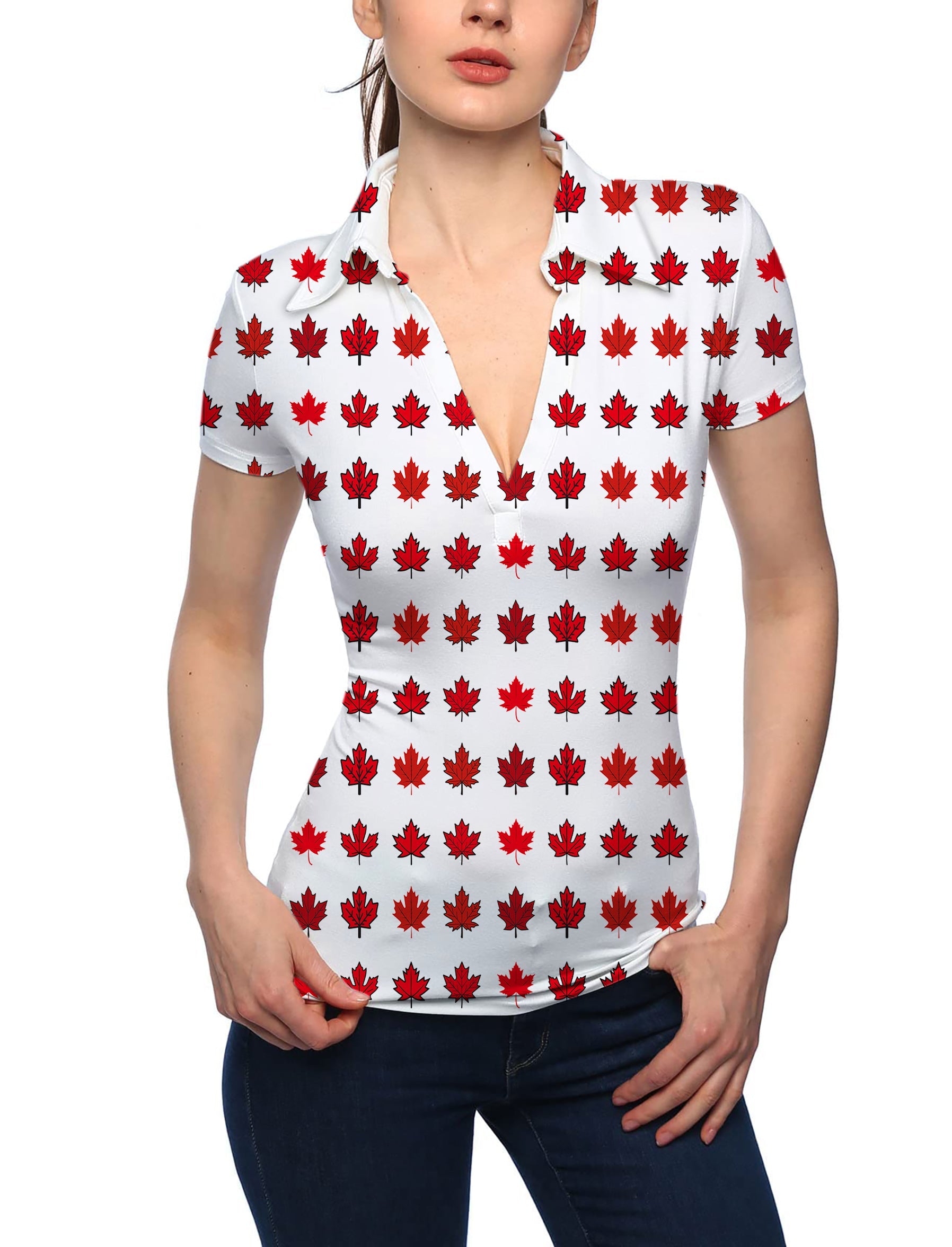 Women's Canada red maple leaves V-neck golf polo shirt with stand collar and short sleeves