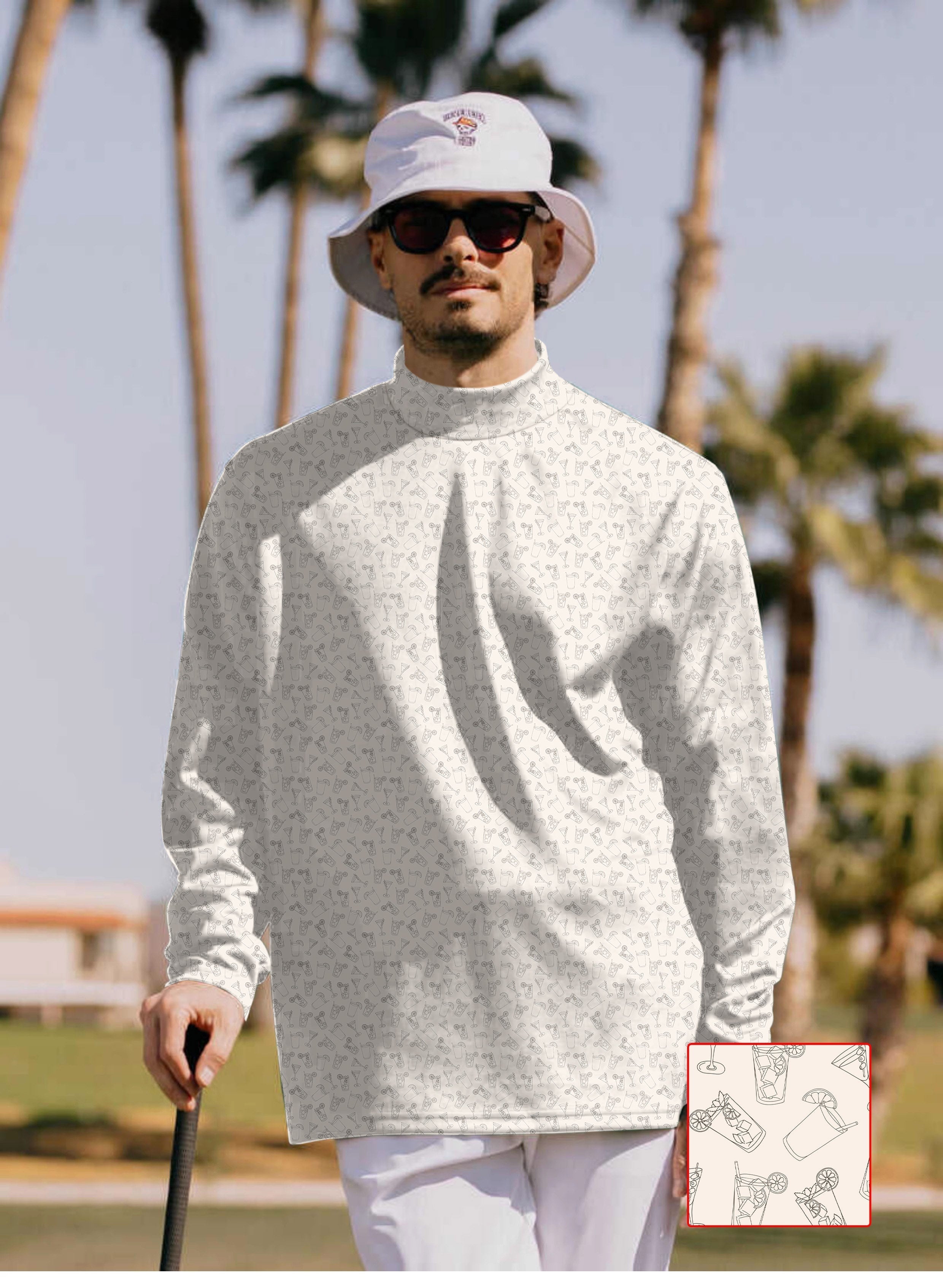 Men's beige juice pullover high neck long sleeve t-shirt golf outfit with subtle pattern