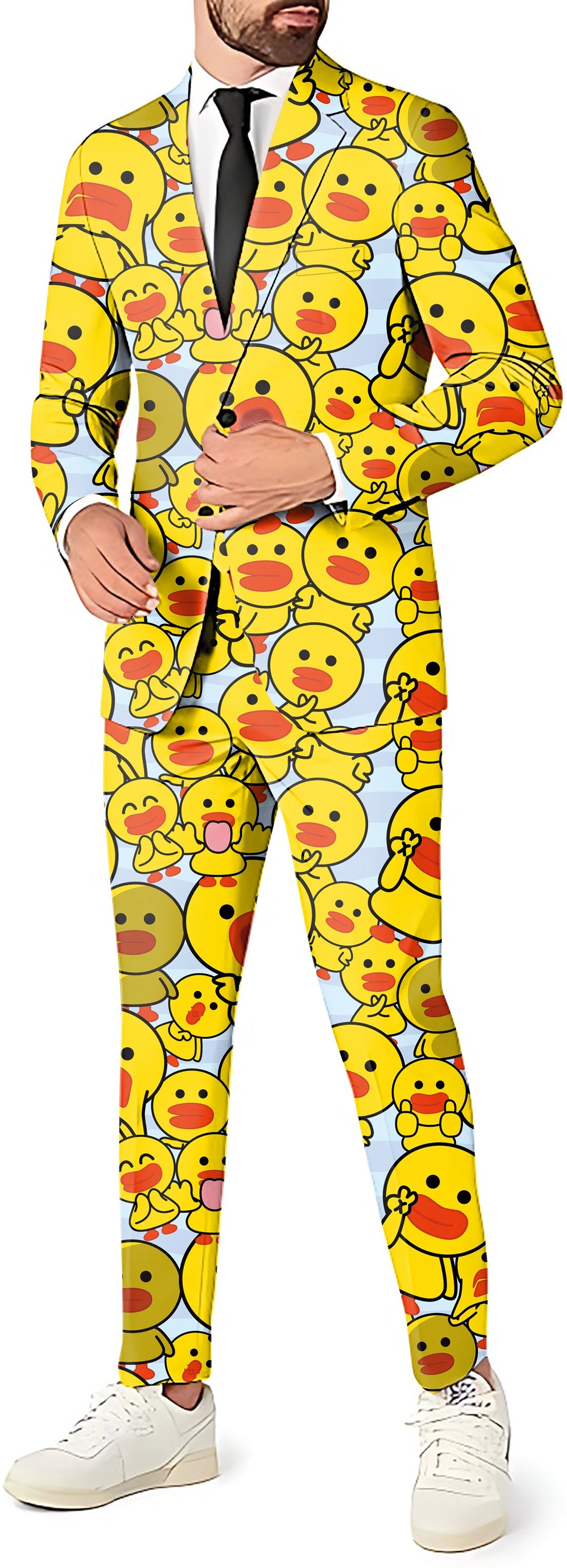 Yellow duck men's party costume suit set with blazer, pants, and vest in vibrant yellow duck print