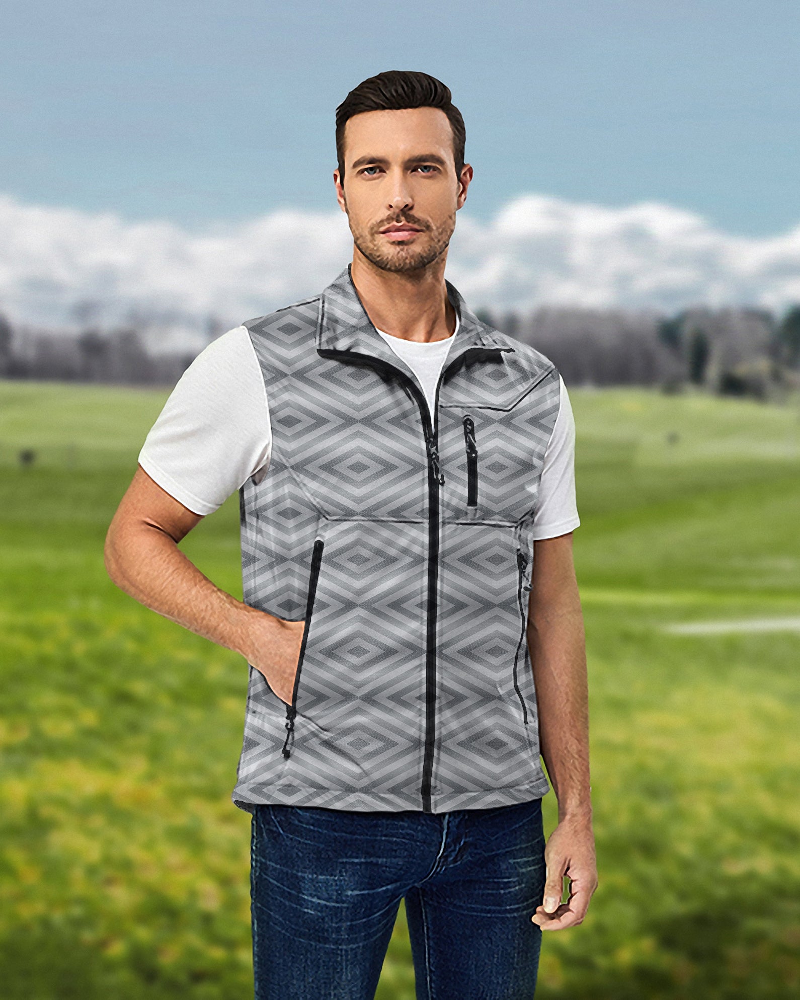 Men's Gray stripe Lightweight Softshell Vest Sleeveless Jacket for Golf