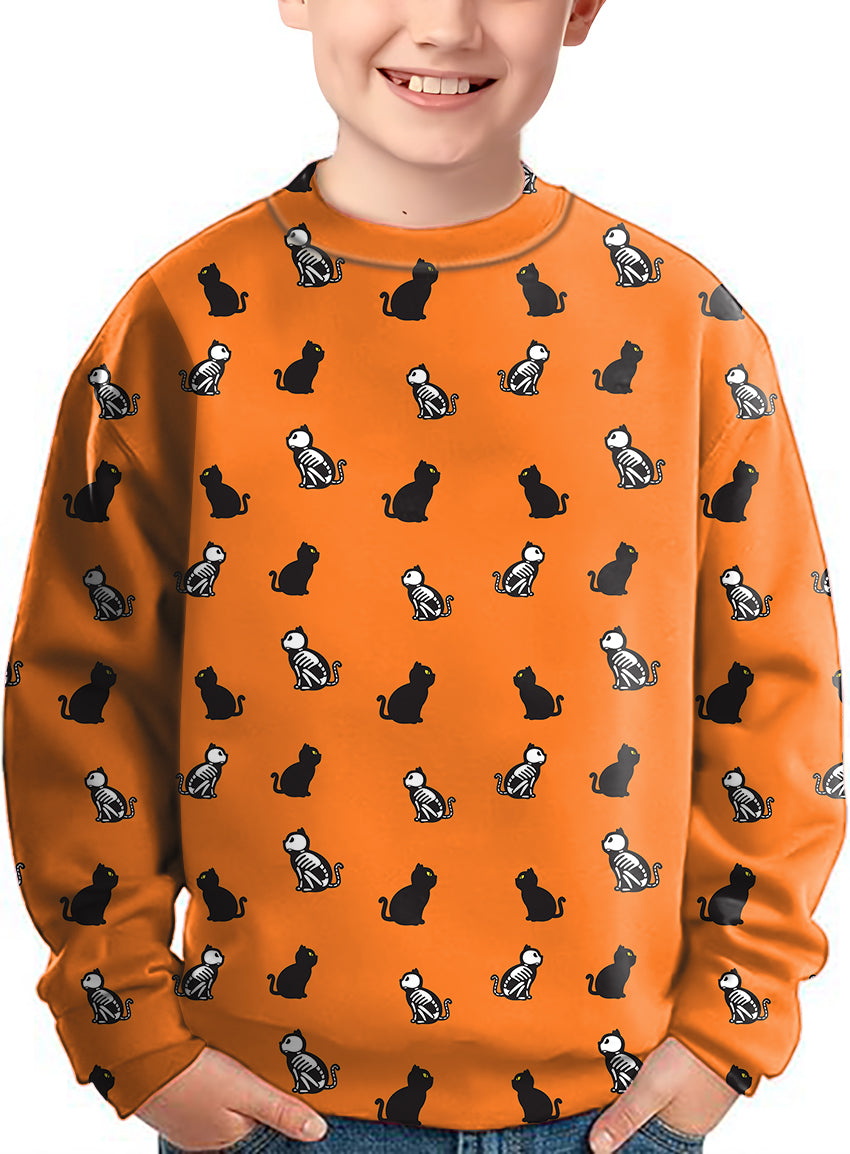 Kids orange crewneck pullover with Halloween skull cat pattern for Halloween-themed ugly sweater