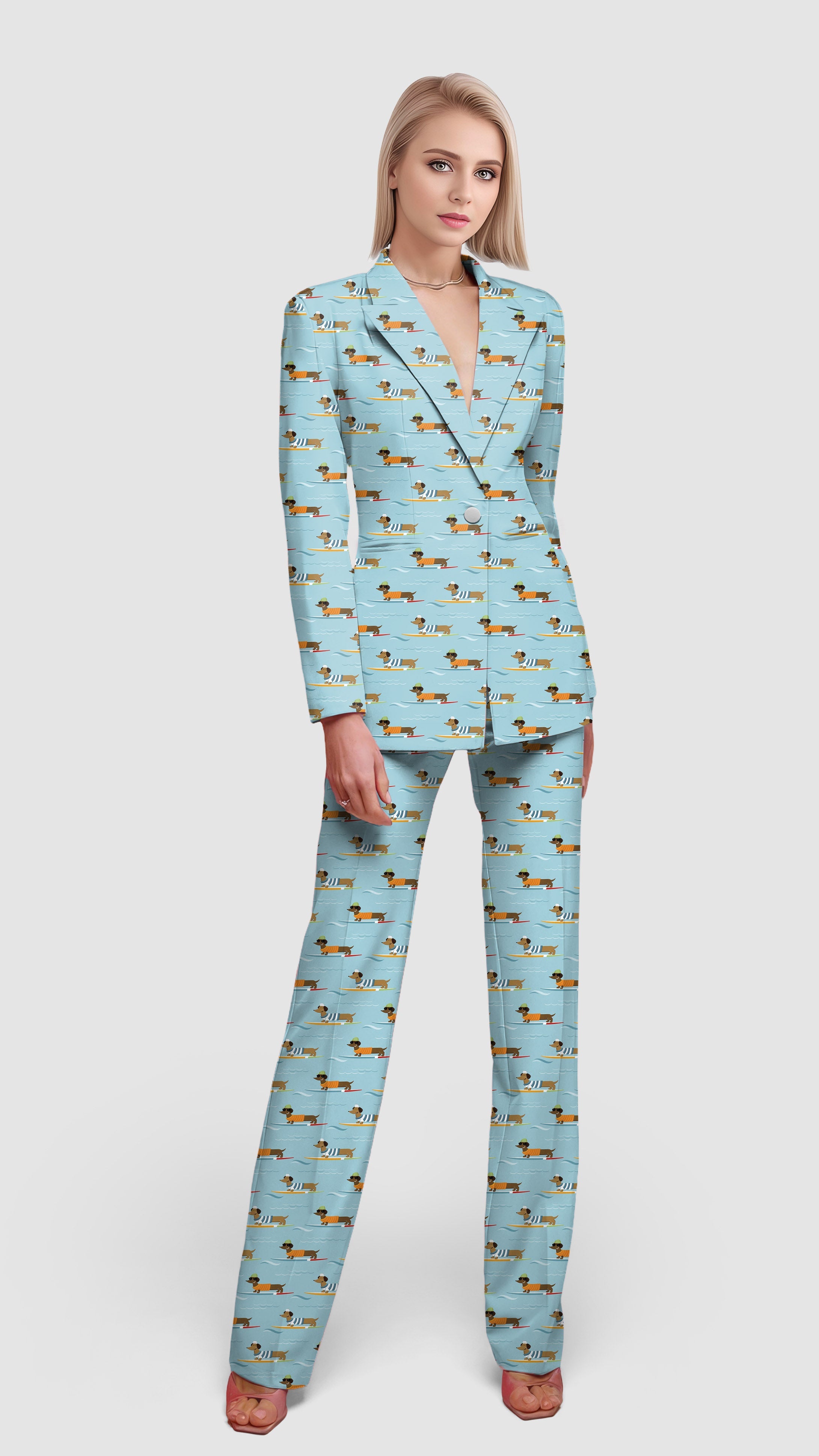 Dachshund Surf-Women's blazer and pants suit set with lapel collar and dog print pattern, casual work and office wear.