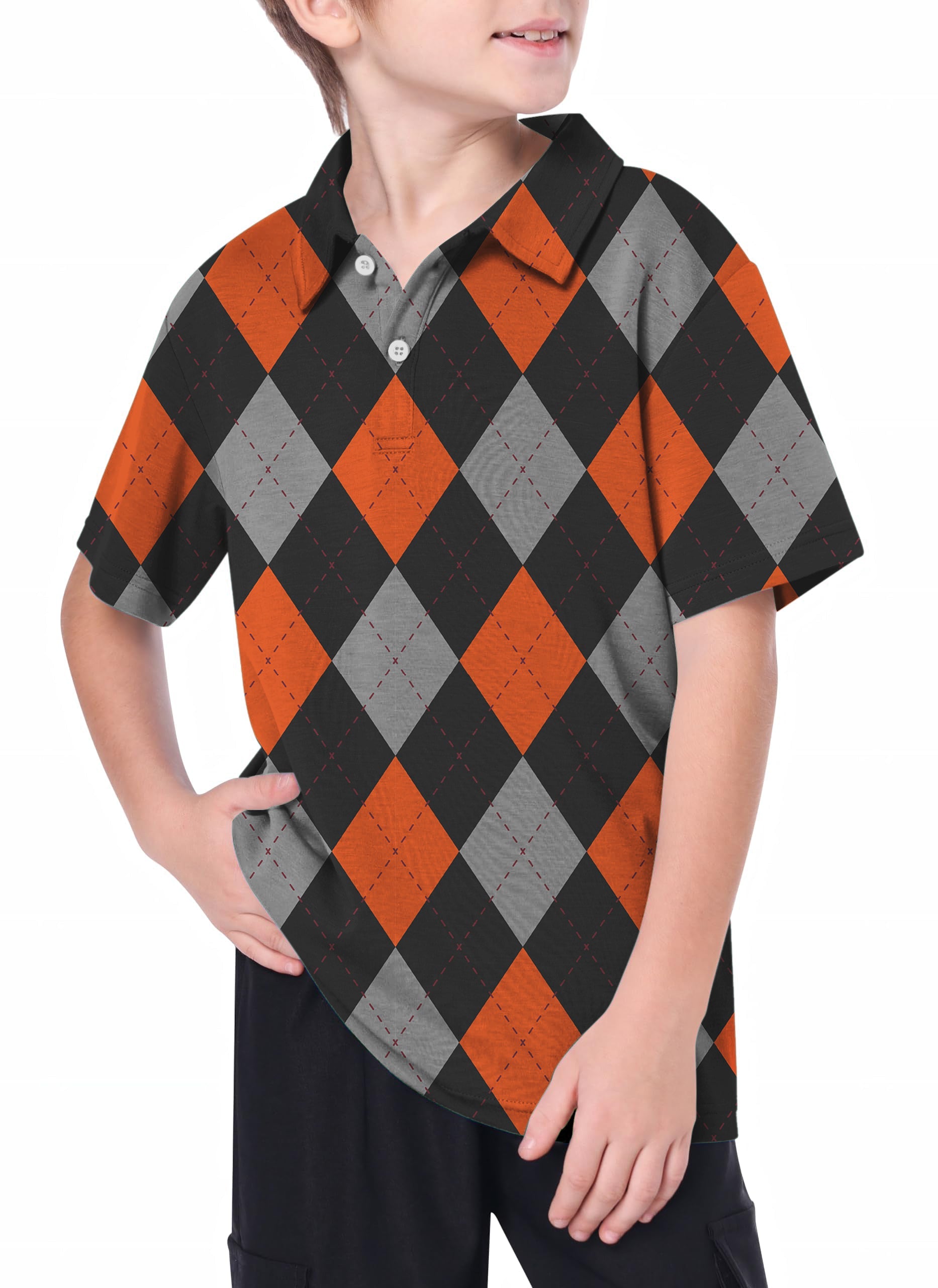 Youth Halloween black red argyle golf polo with 4-way stretch and moisture-wicking fabric