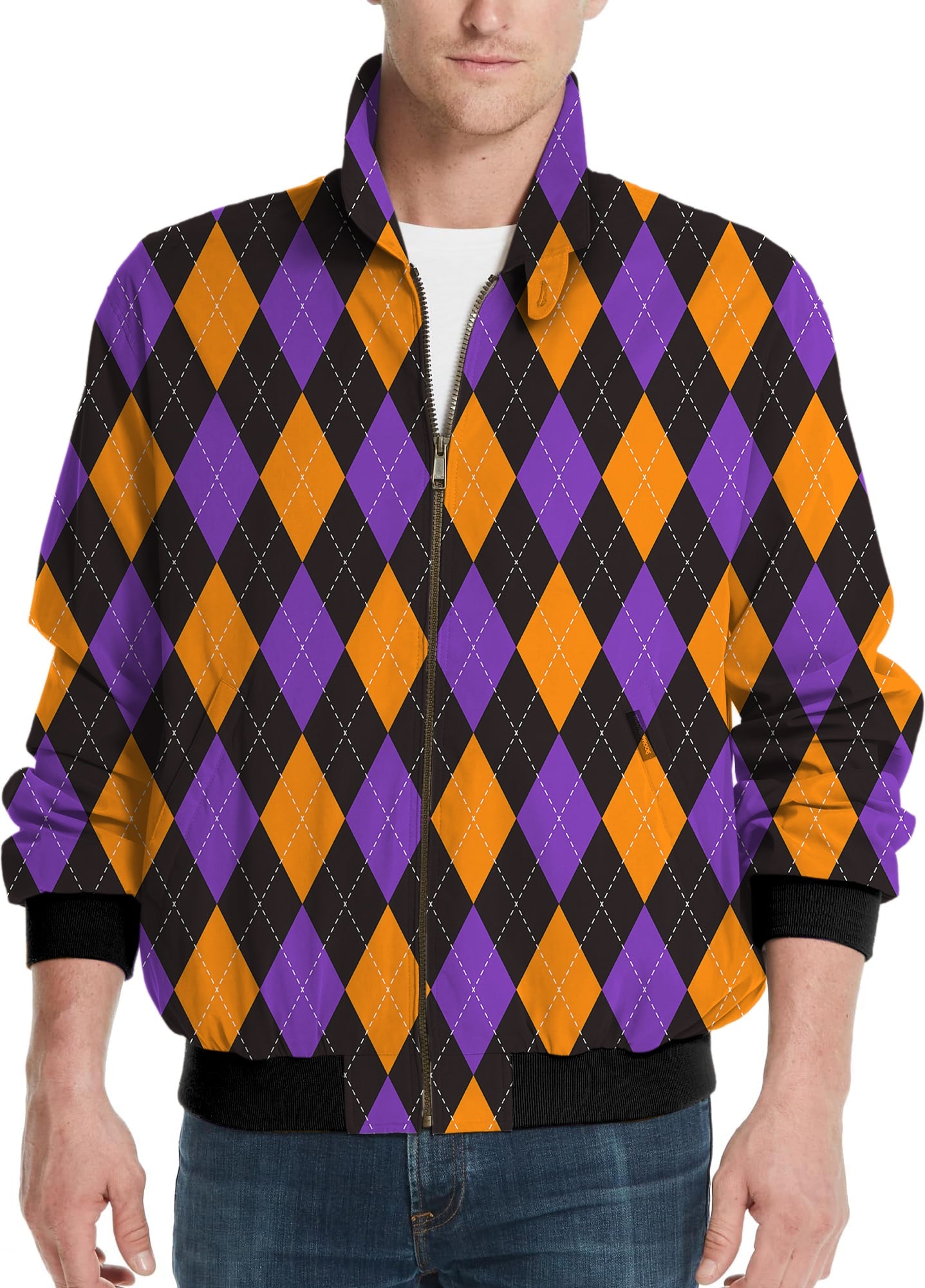 Men's golf windbreaker jacket with orange purple black argyle pattern