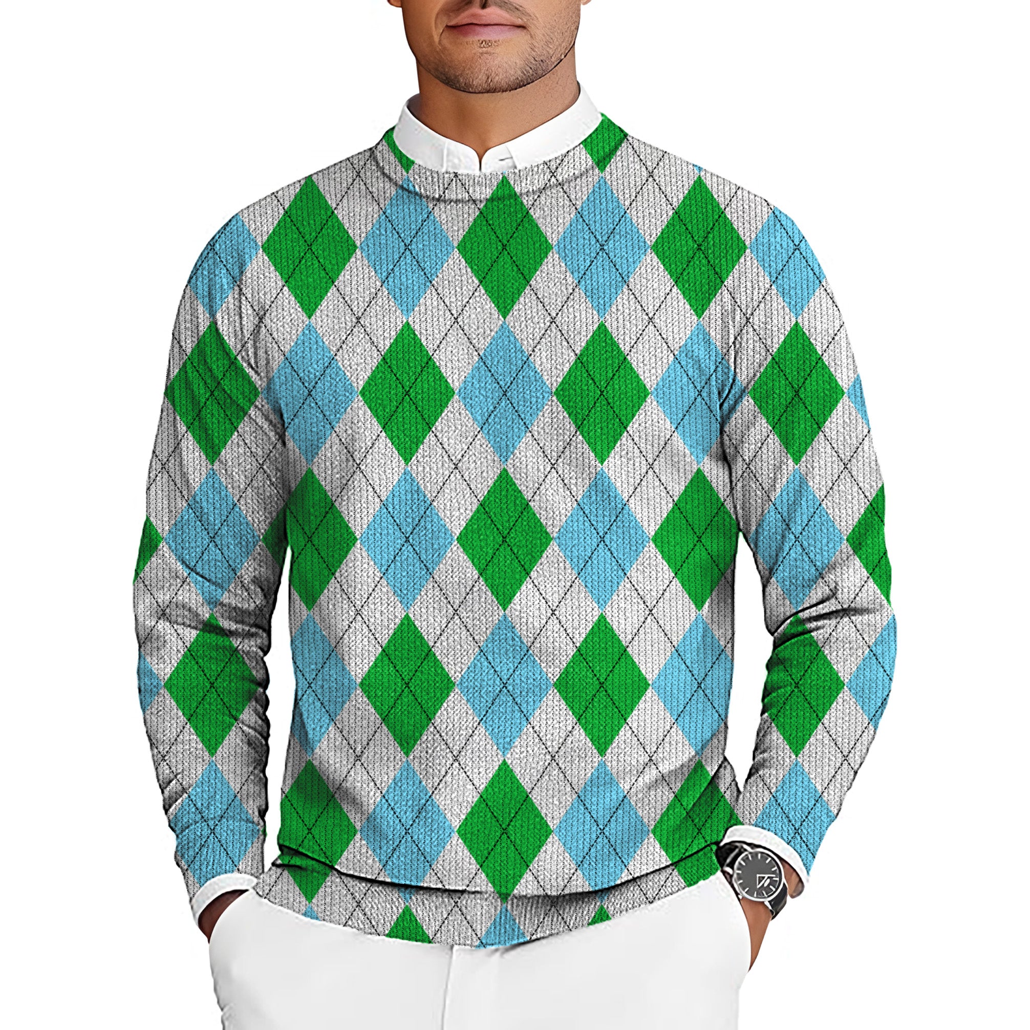 Green diamond grid Men's Golf Crewneck Pullover Sweaters Ugly Sweater