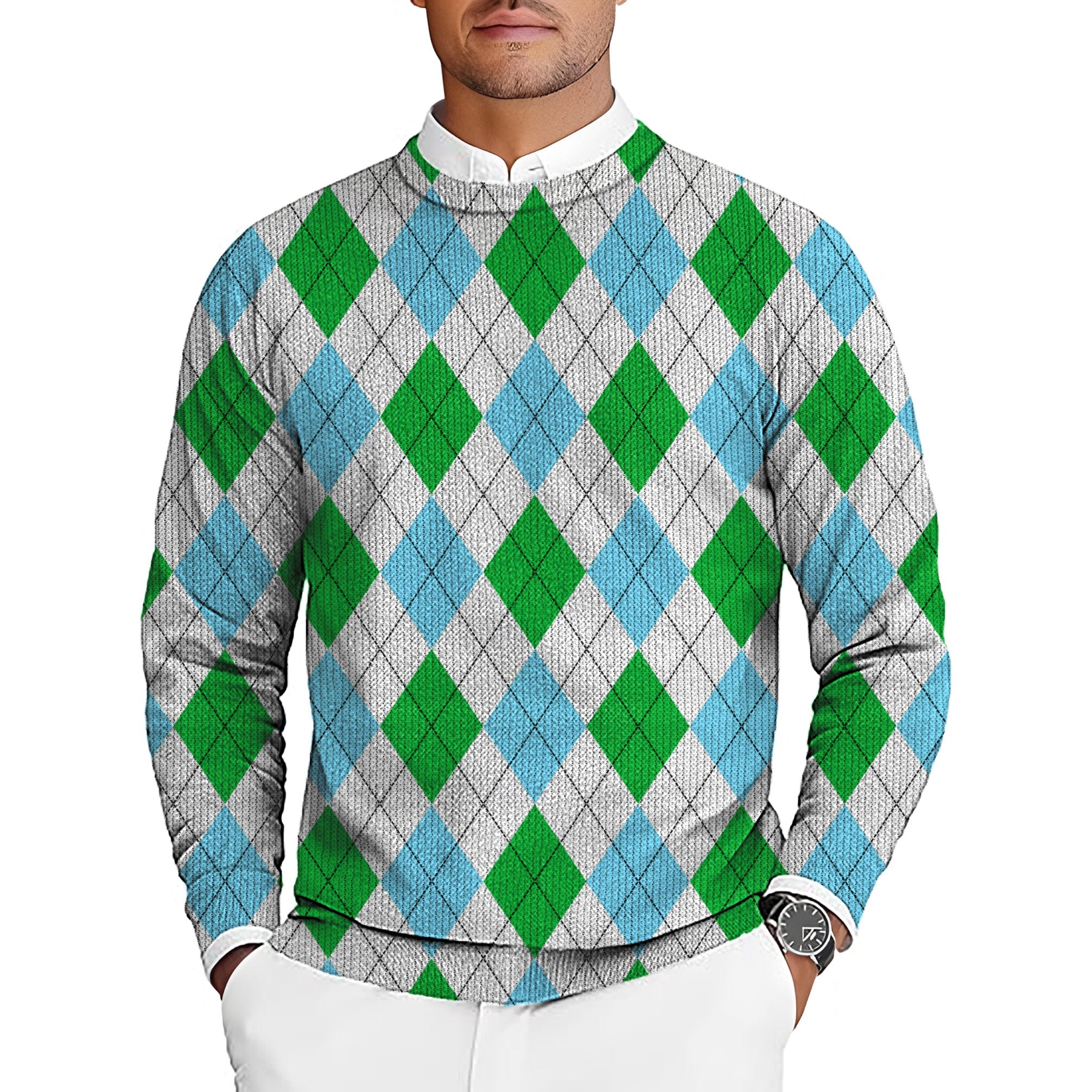 Men's golf crewneck pullover sweater with green and blue diamond grid pattern