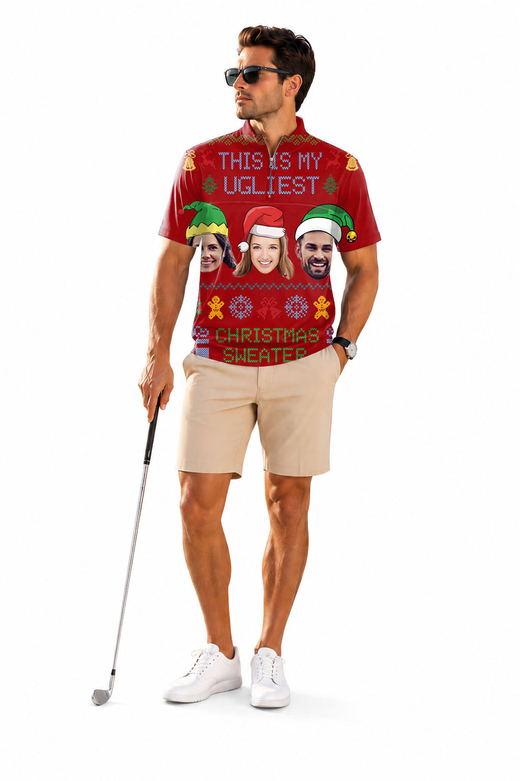 Men's Short Sleeve Quarter Zip Golf Pullover Red-Christmas Custom face Embroidery