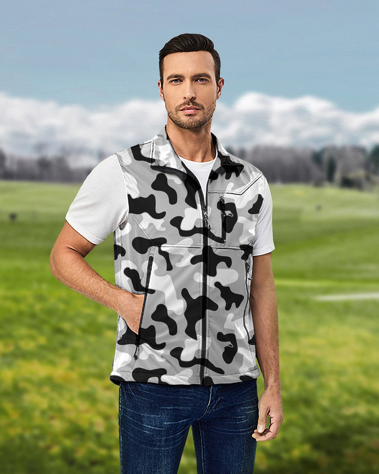 Men's grey camouflage lightweight softshell vest sleeveless jacket for golf outdoors