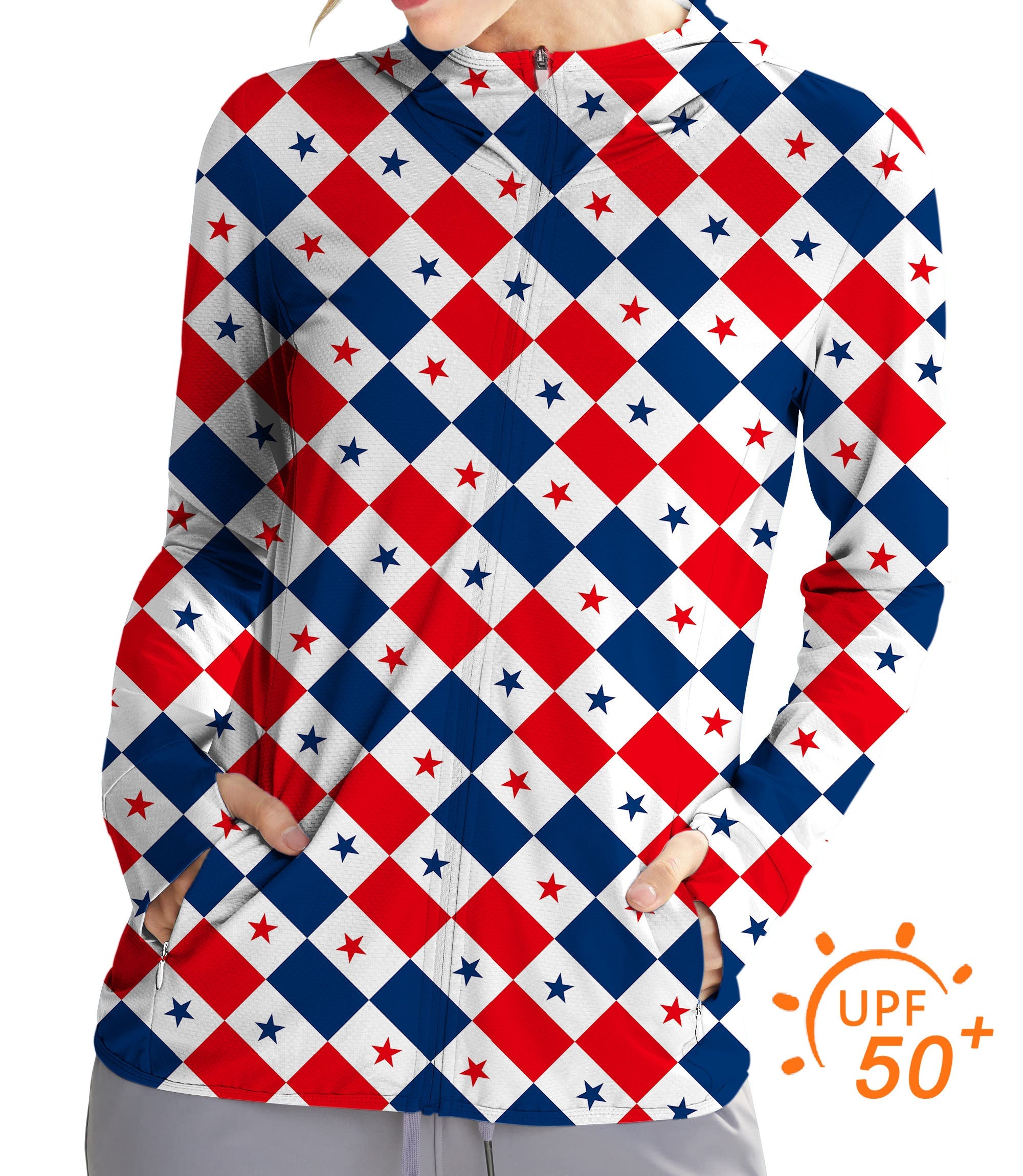Women's outdoor zip hoodie with argyle US star flag pattern, UPF 50+ sun protection, slim fit, thumb holes, and breathable moisture-wicking fabric for golf and outdoor activities