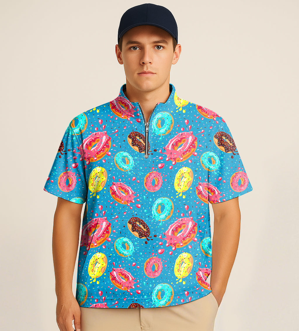 Men's half zipper turtleneck golf shirt with colorful donut print and short sleeves
