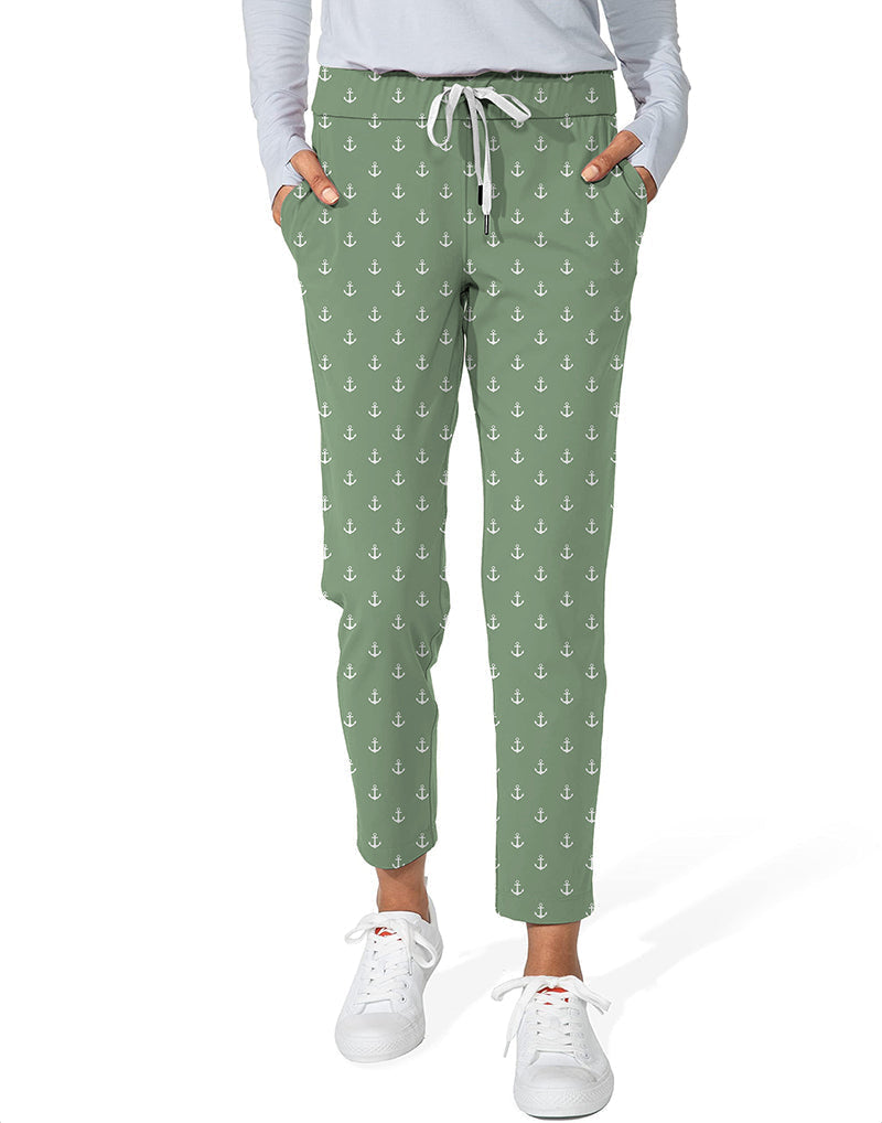 Grass green ankle-length women's golf pants with anchor print and drawstring waistband