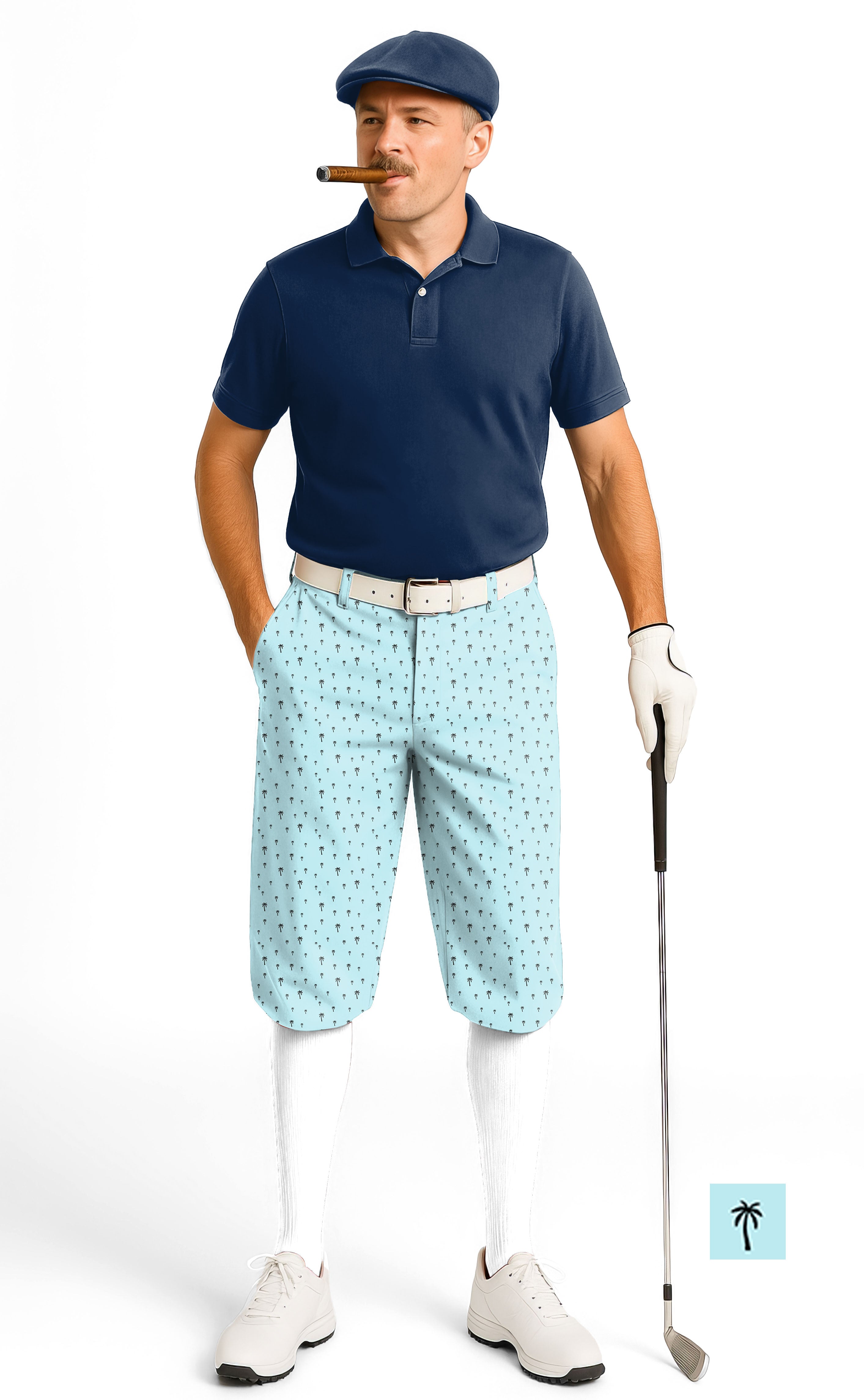 man wearing light blue men's golf knickers with palm print and navy polo shirt holding golf club