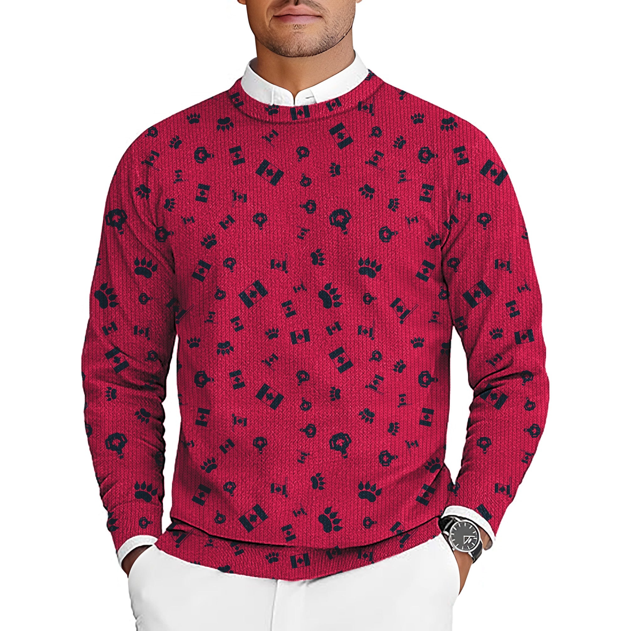 Men's red Canadian Flag Paw golf crewneck pullover sweater with black paw and flag patterns