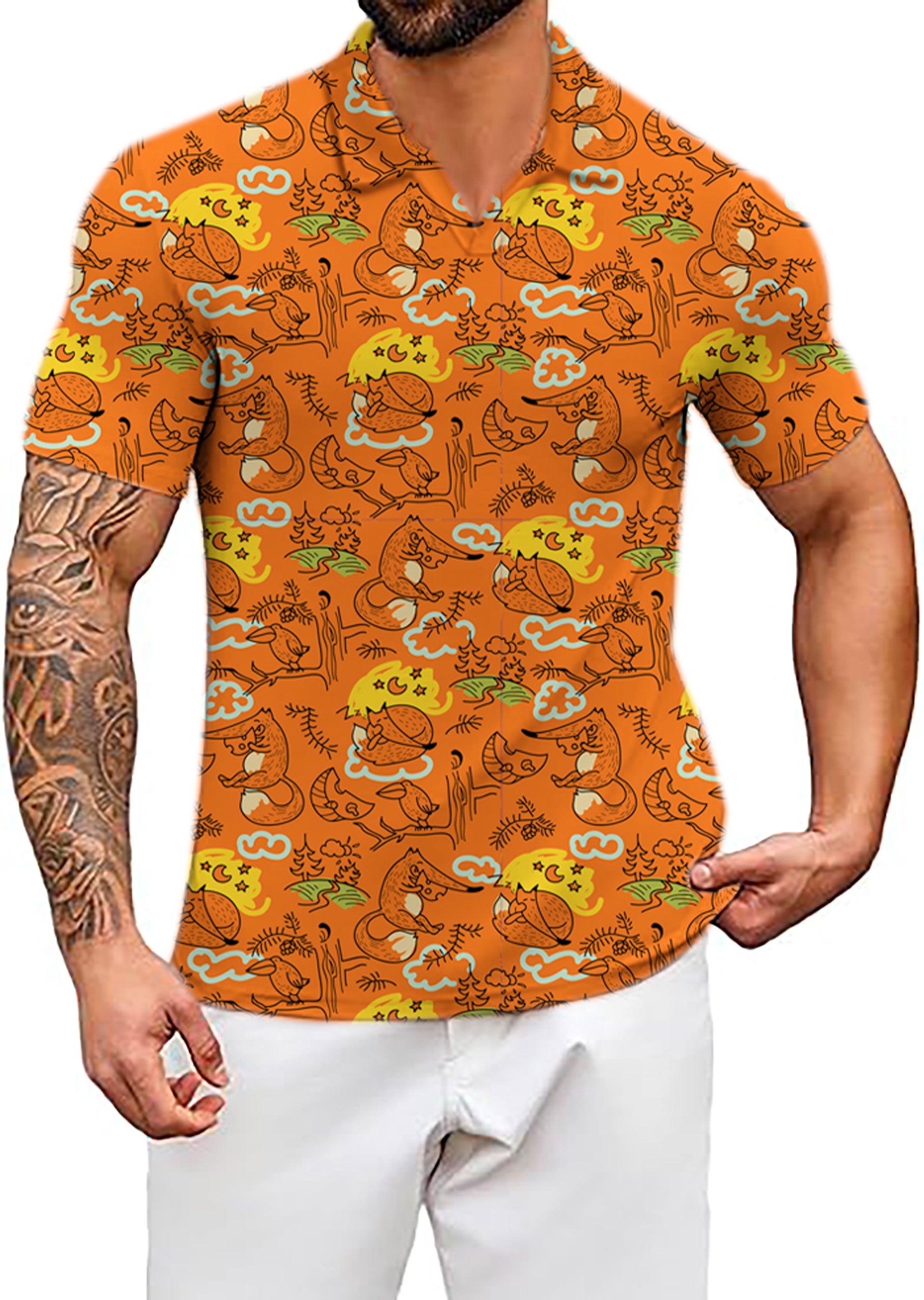 fox dress shirts Fuzoiu Wolf Fox In Flower Forest Print Men's Polo Shirts Short Sleeve,Golf Shirts for Men,Mens Golf Shirt Moisture Wicking Quick-Dry-3X-Large