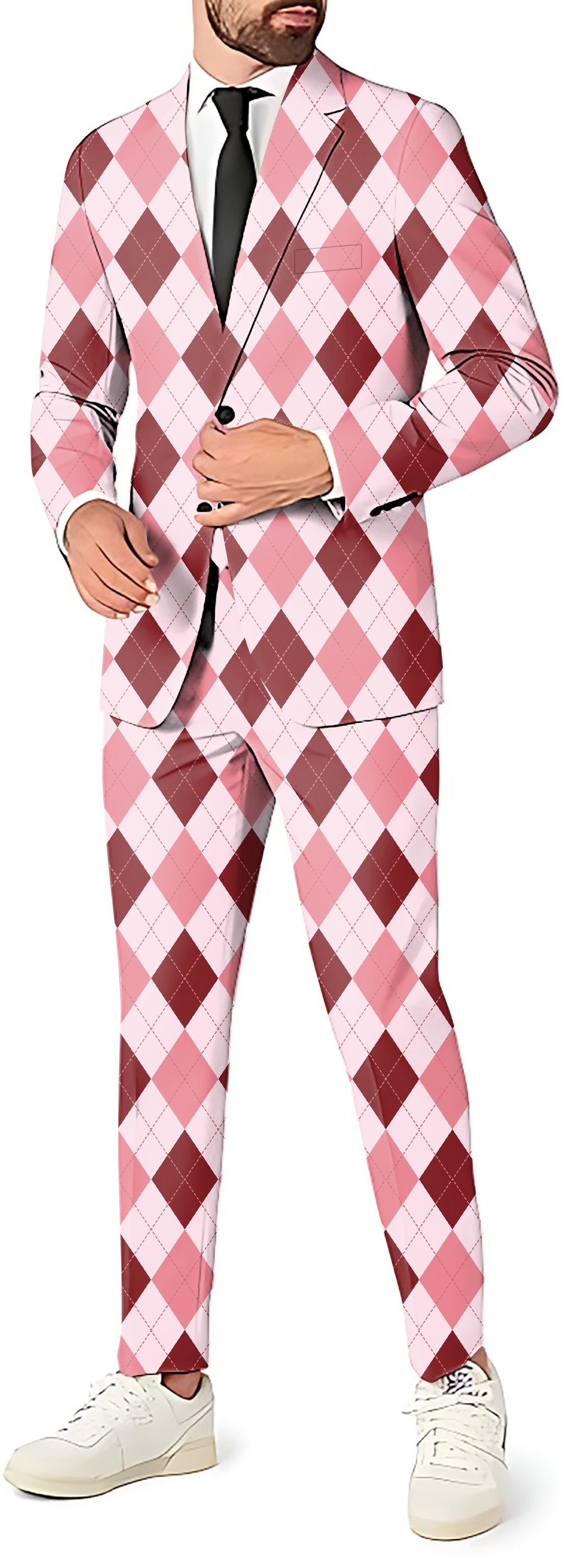 Men's party costume pink argyle 3-piece suit with blazer, vest, and pants