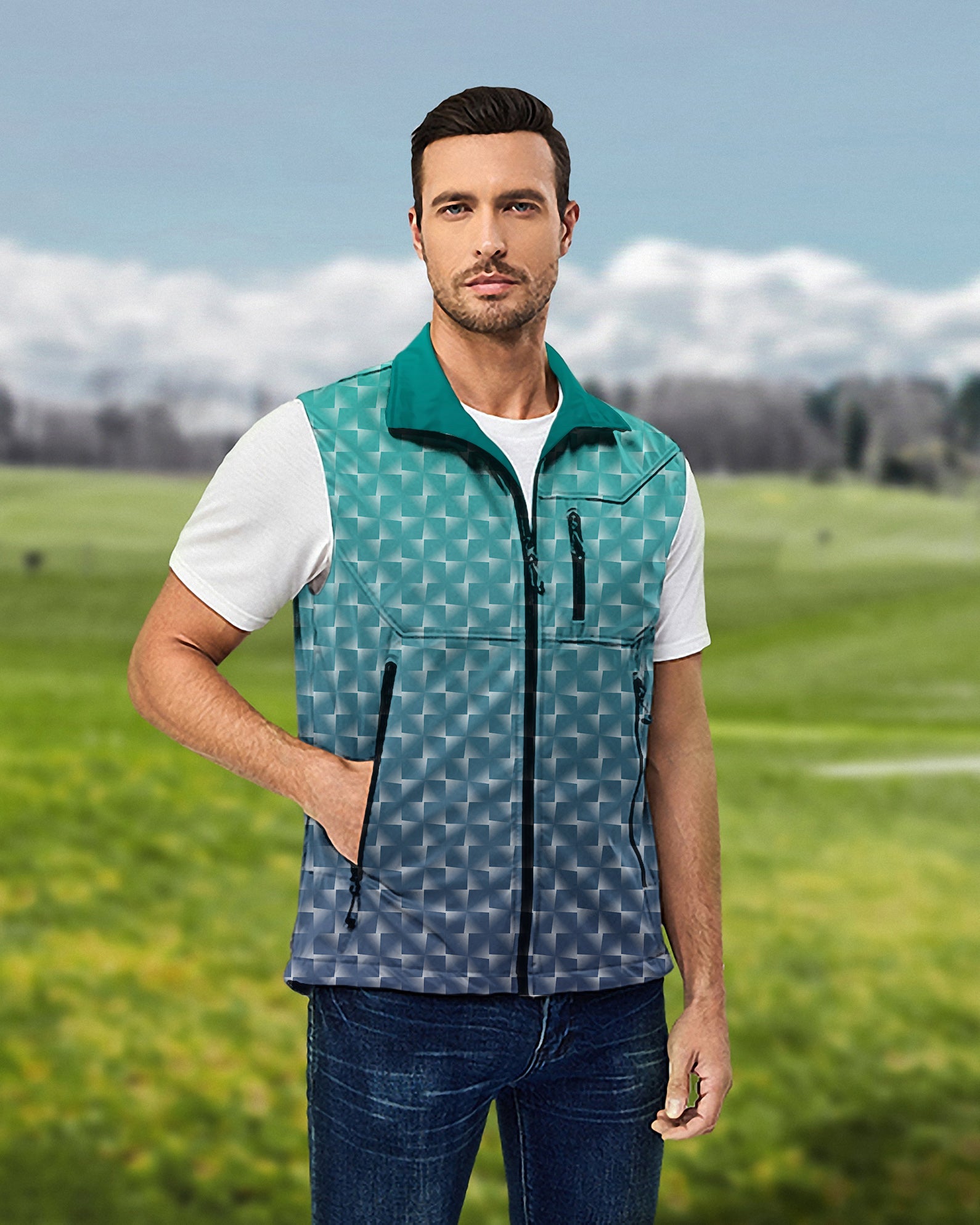Men's cyan gradient sleeveless softshell vest for golf, lightweight, windproof, and waterproof.