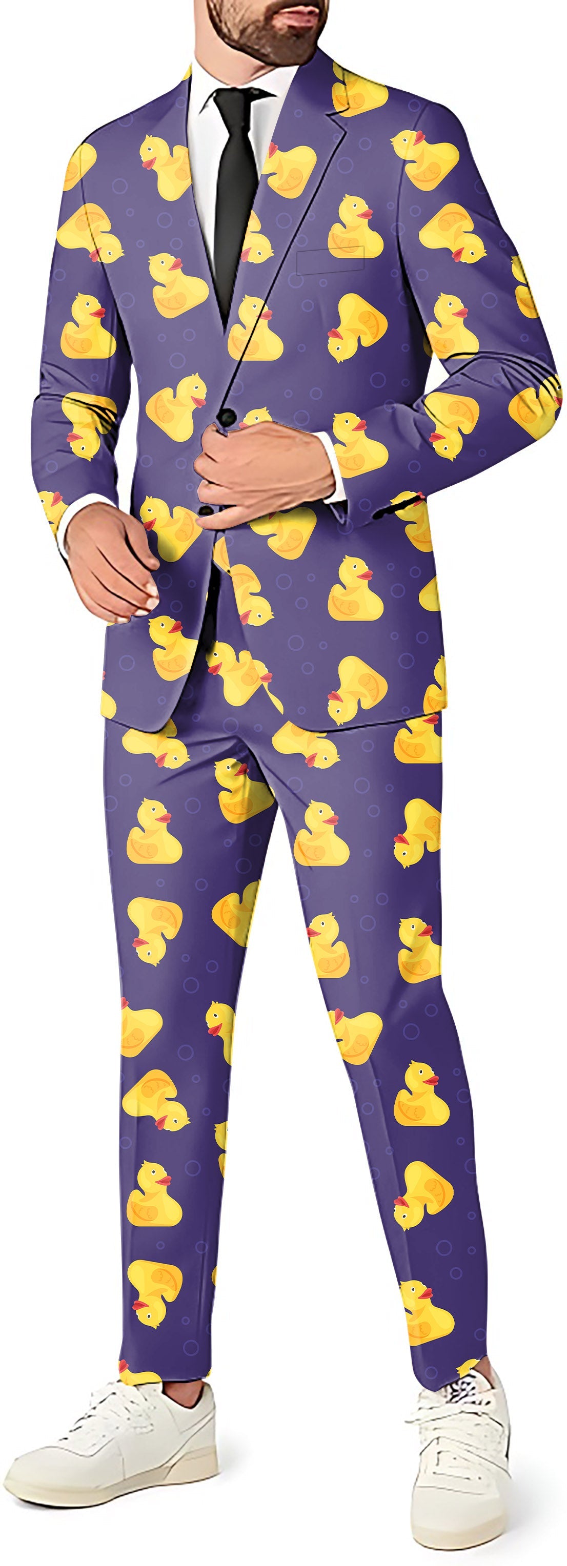 Yellow duck men's party costume suit set with blazer, pants, and vest in purple and yellow rubber duck pattern