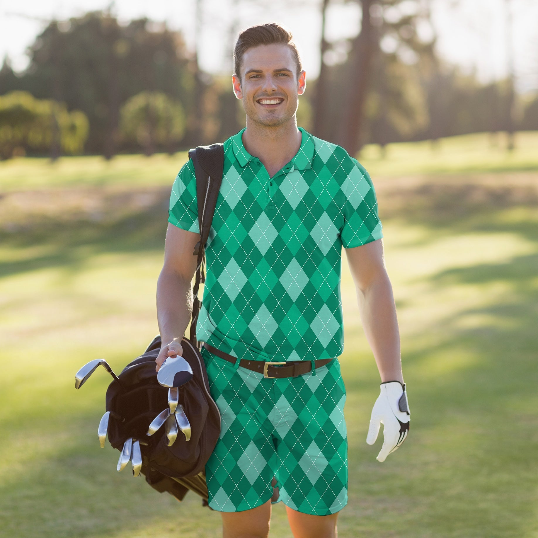 Men's golf set green argyle polo and shorts with four-way stretch and moisture-wicking fabric