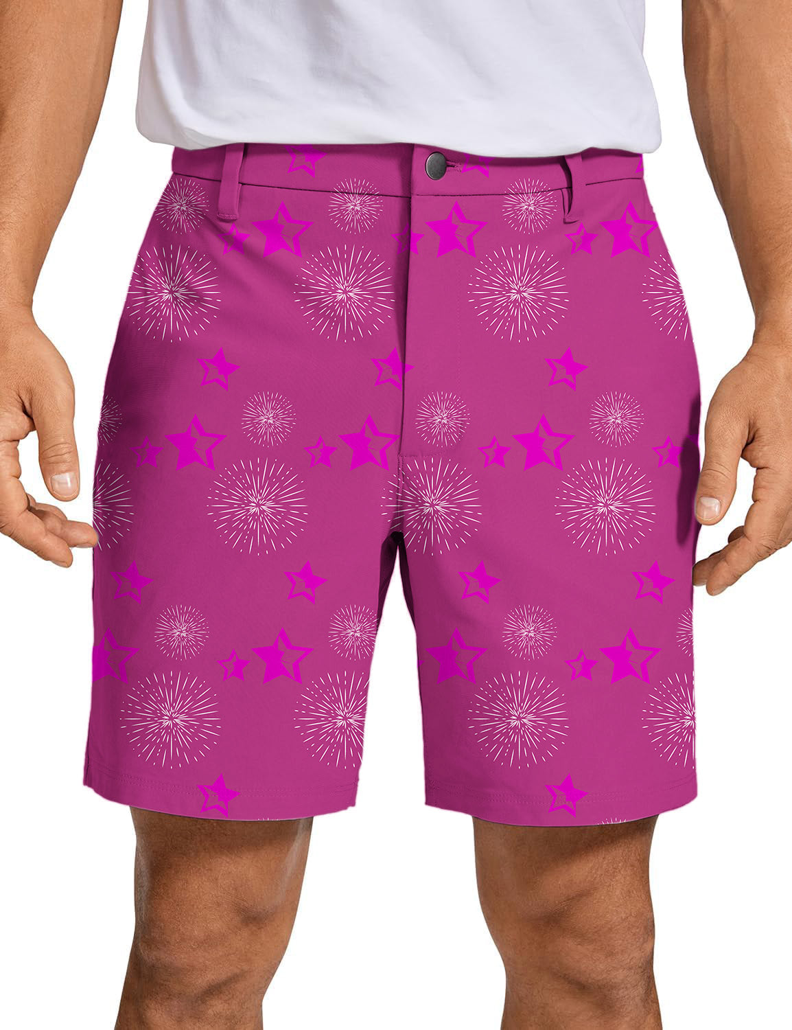 Men's Pentagram impression limited edition pink golf shorts with star and firework pattern, quick-dry lightweight fabric.