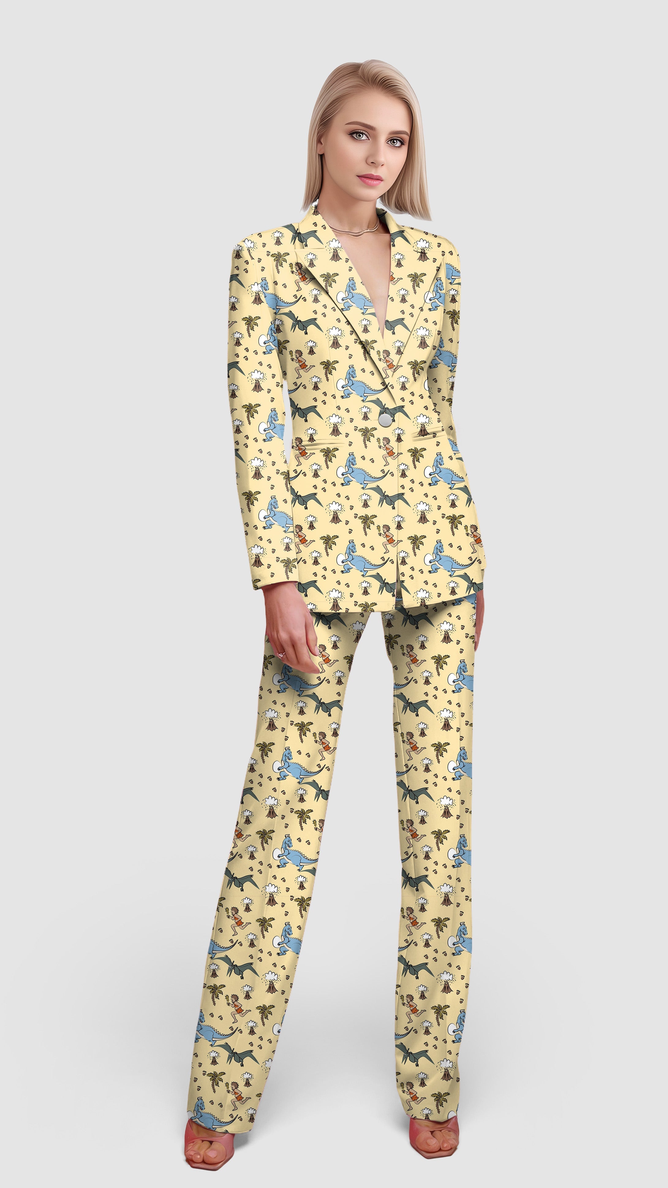Women's blazer and pants suit set with dinosaur and volcano print for casual or office wear