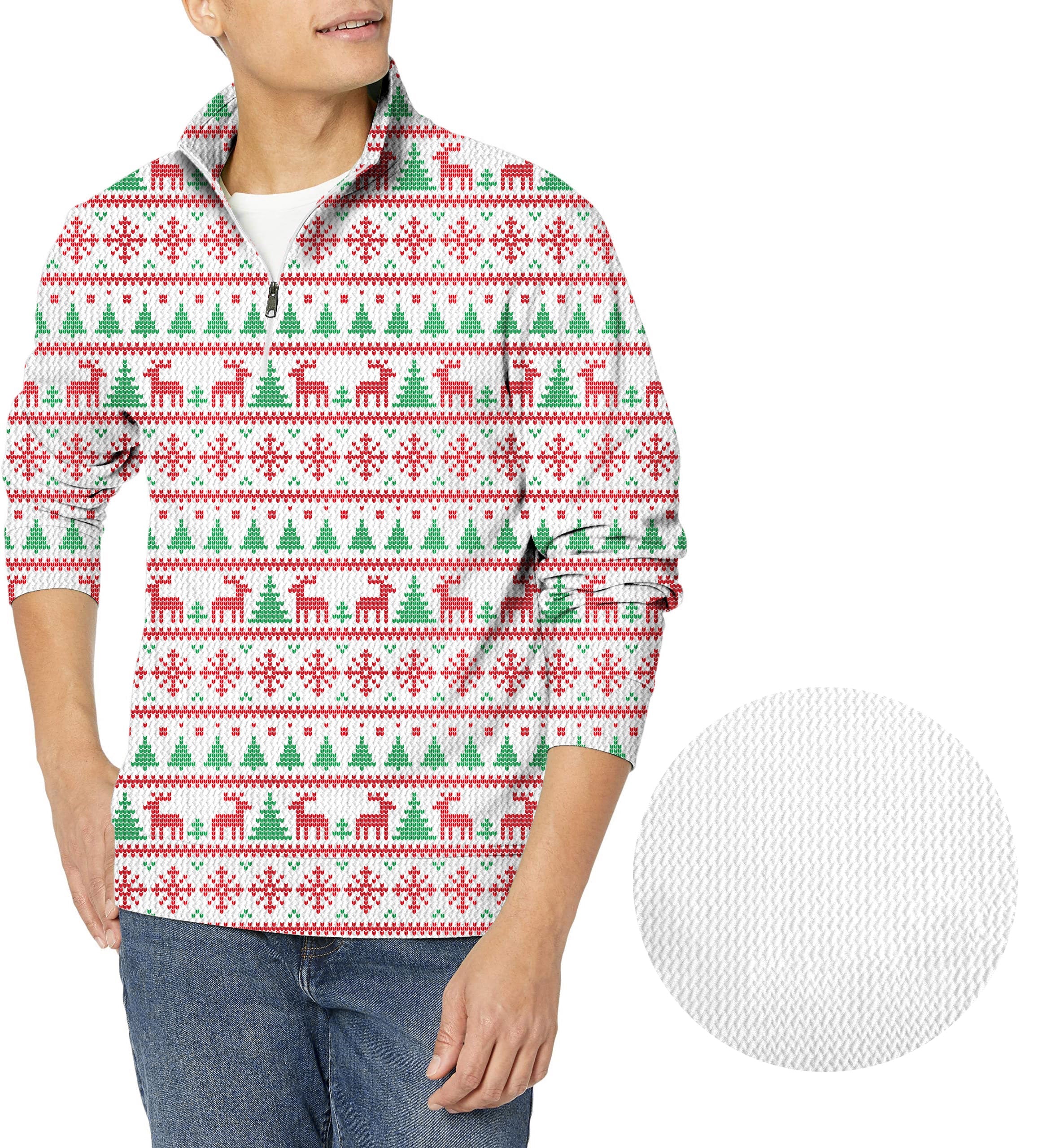 Men's Christmas reindeer golf waffle knit zipper pullover in red, green, and white