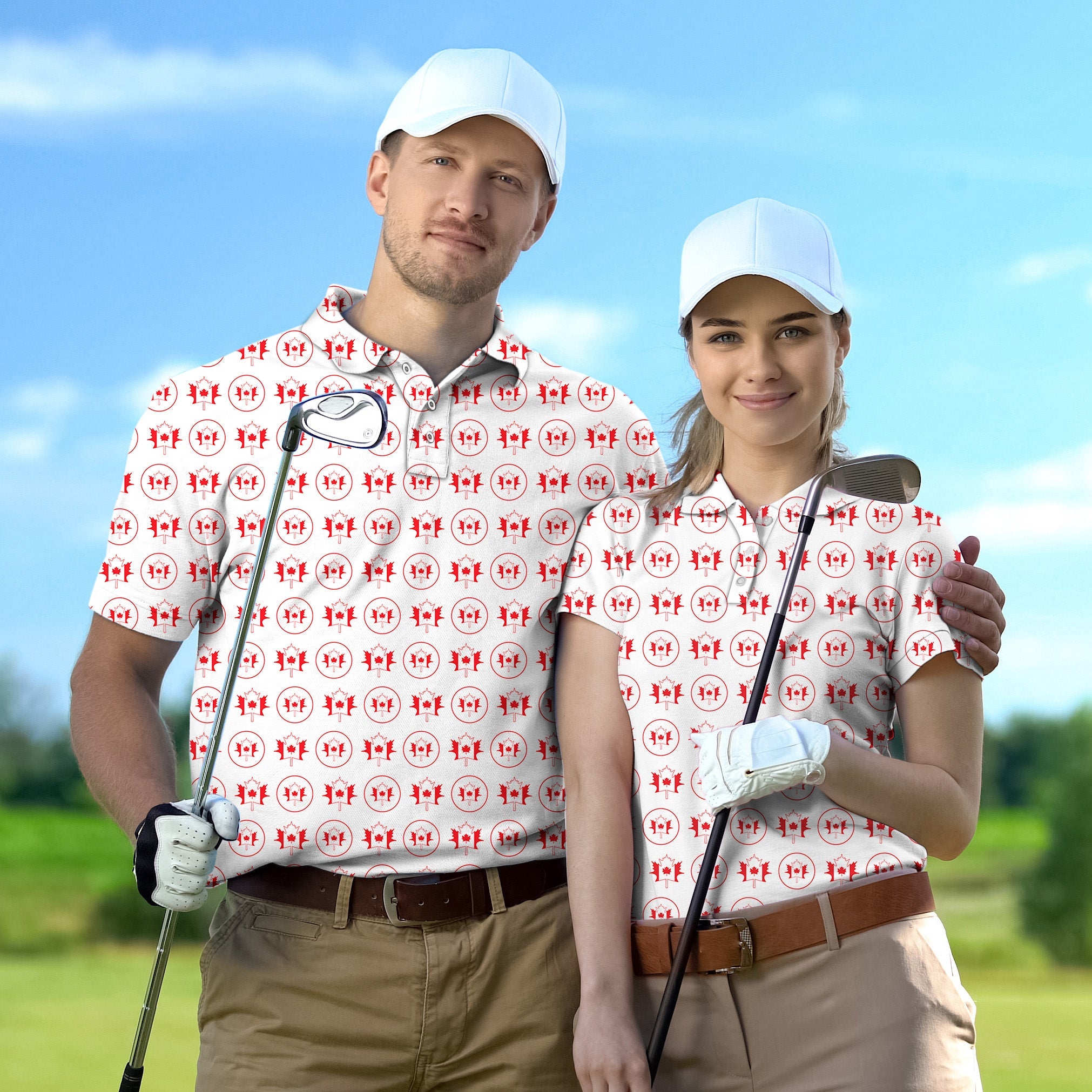 Couple wearing matching Circle Canada maple leaf golf shirts with white caps on golf course