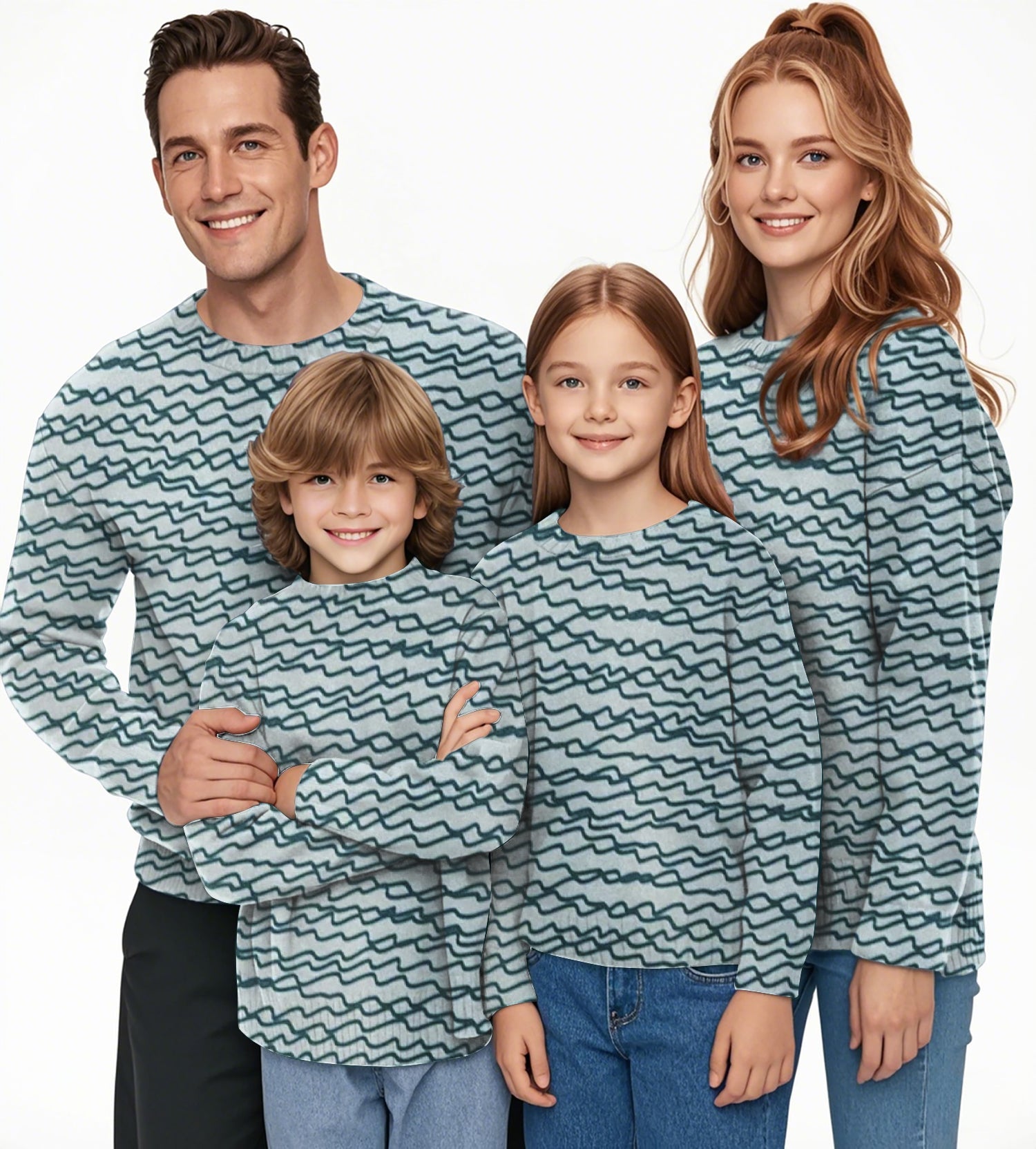 Family wearing green irregular wavy lines crewneck pullovers adults and children ugly sweater
