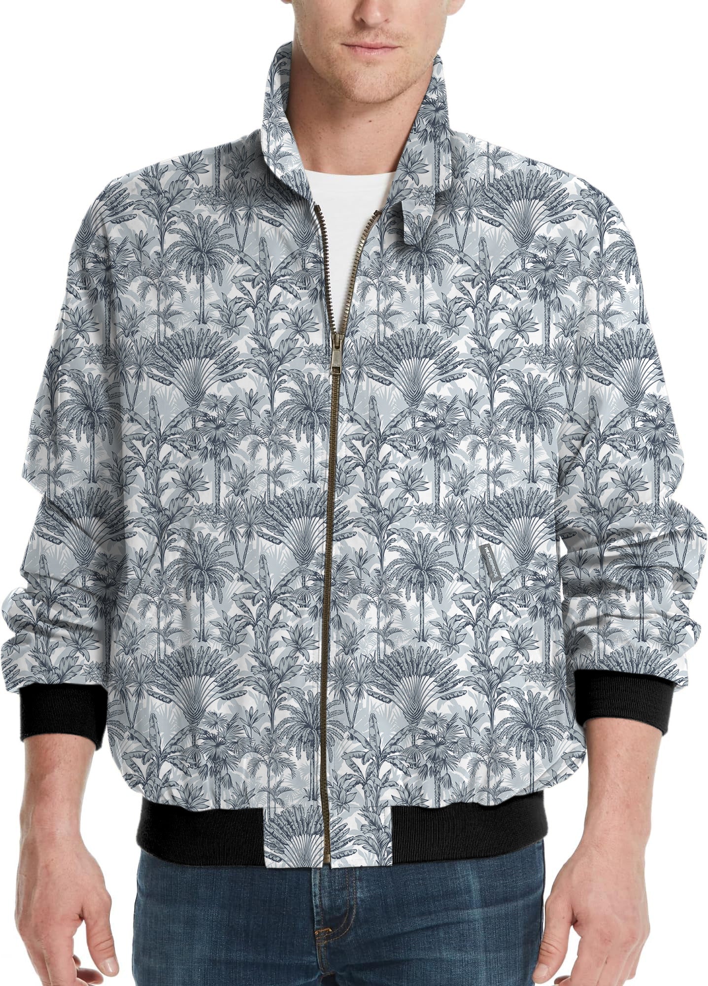 Twilight Palms-Men's golf windbreaker light jacket with palm tree pattern and zipper front