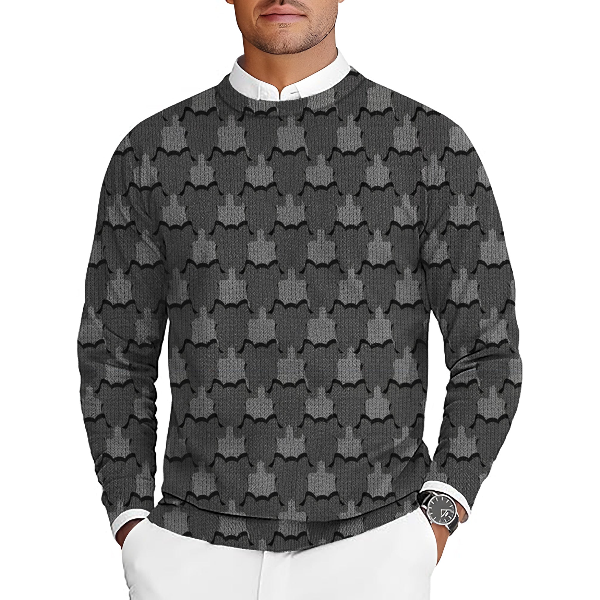 Men's golf crewneck pullover sweater with elephant pattern in dark gray