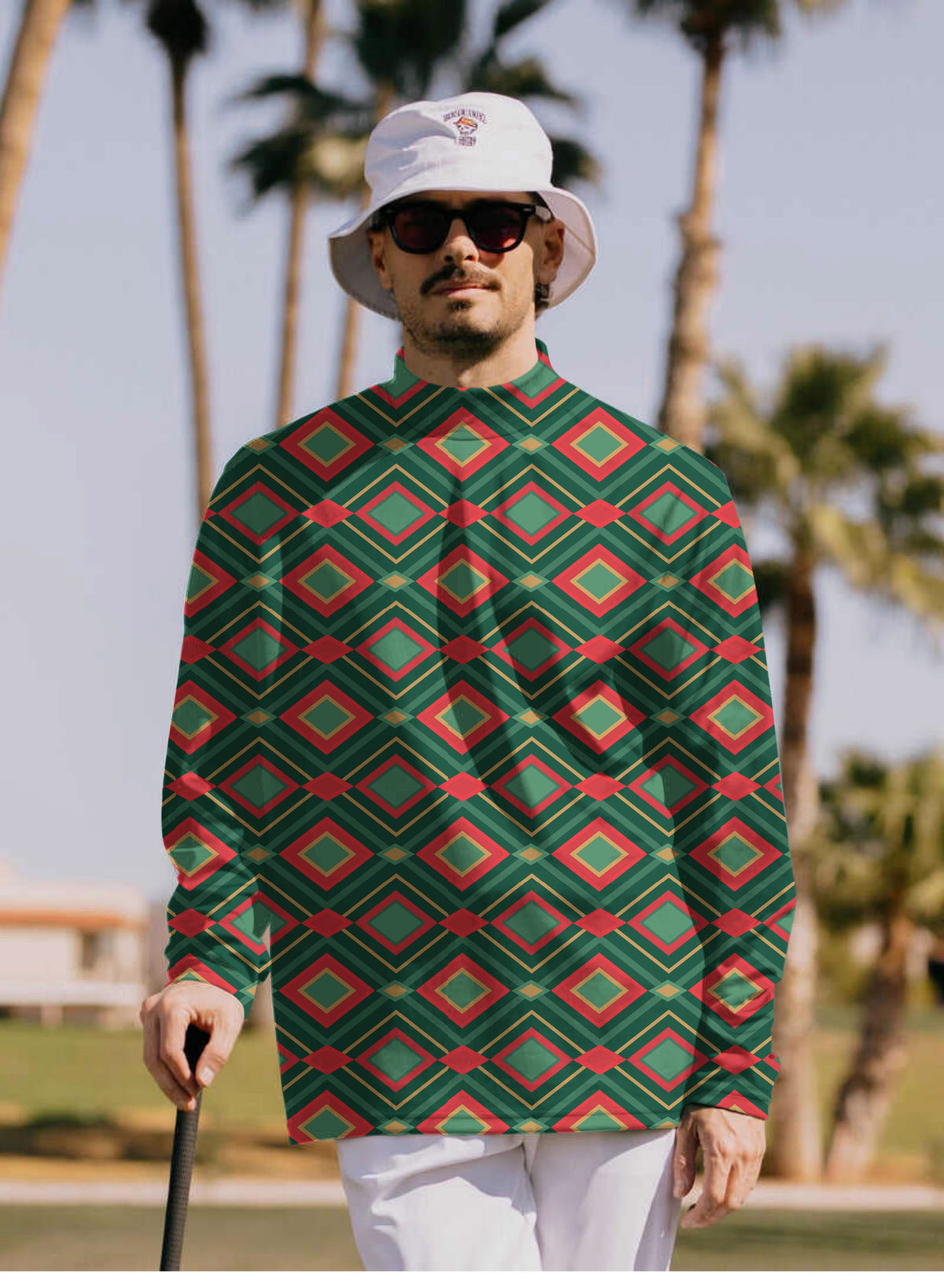Men's Christmas Argyle Mock Neck Long/Short Sleeve Golf Tops
