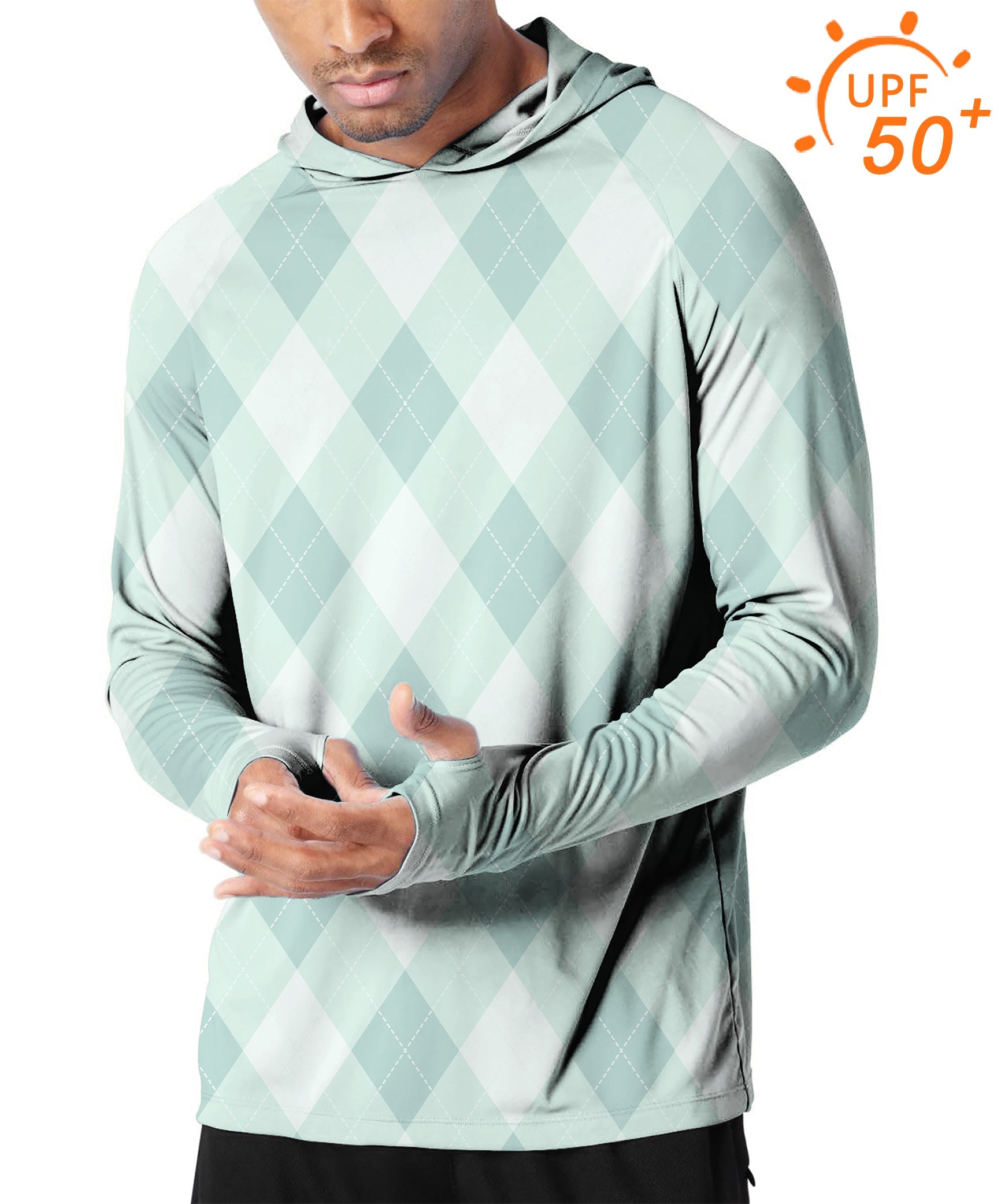 Men's outdoor golf hooded shirt with green argyle pattern, UPF 50+ sun protection, slim fit and thumb holes for comfort.