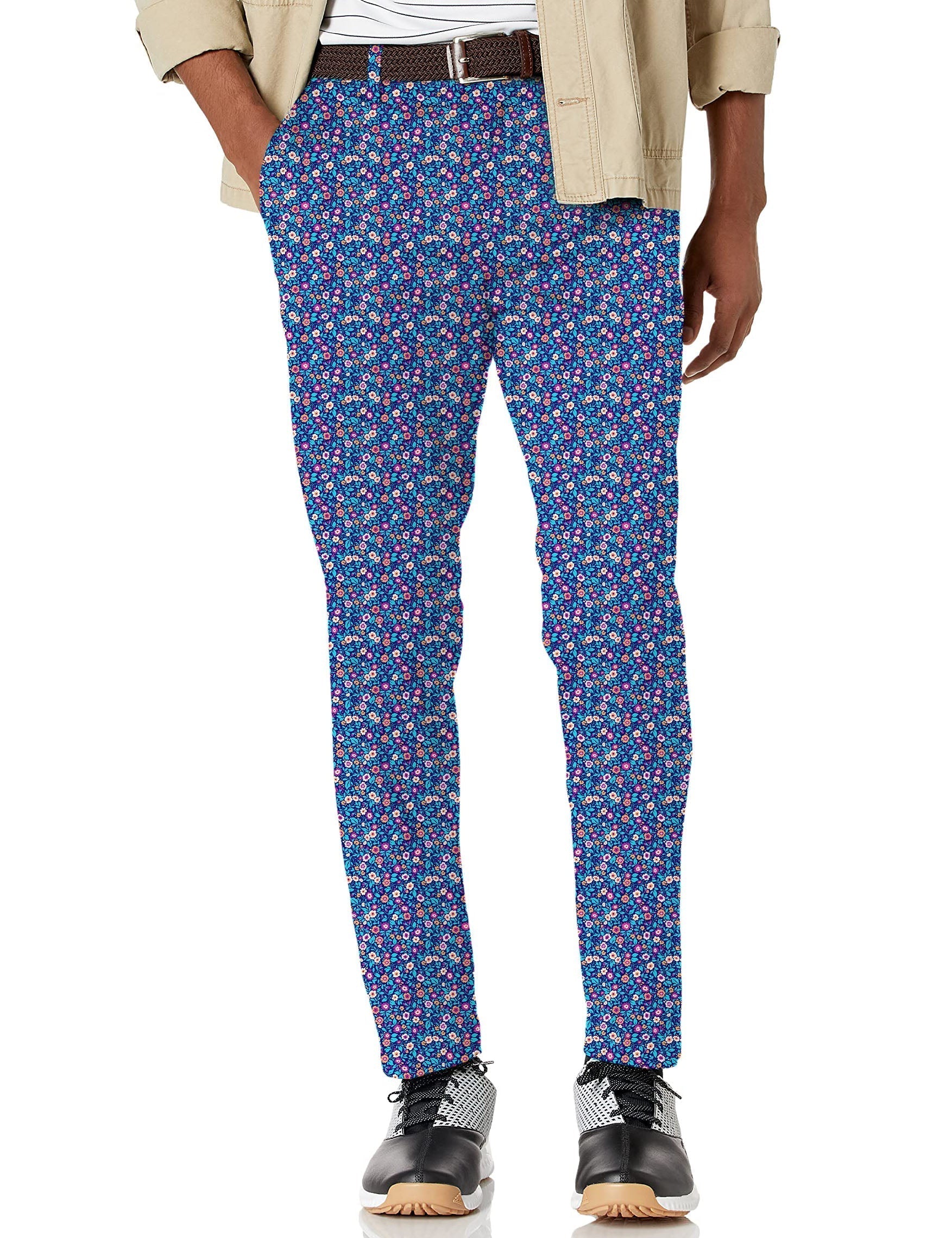 Men's dark floral stretch golf pants with moisture-wicking fabric and active waistband