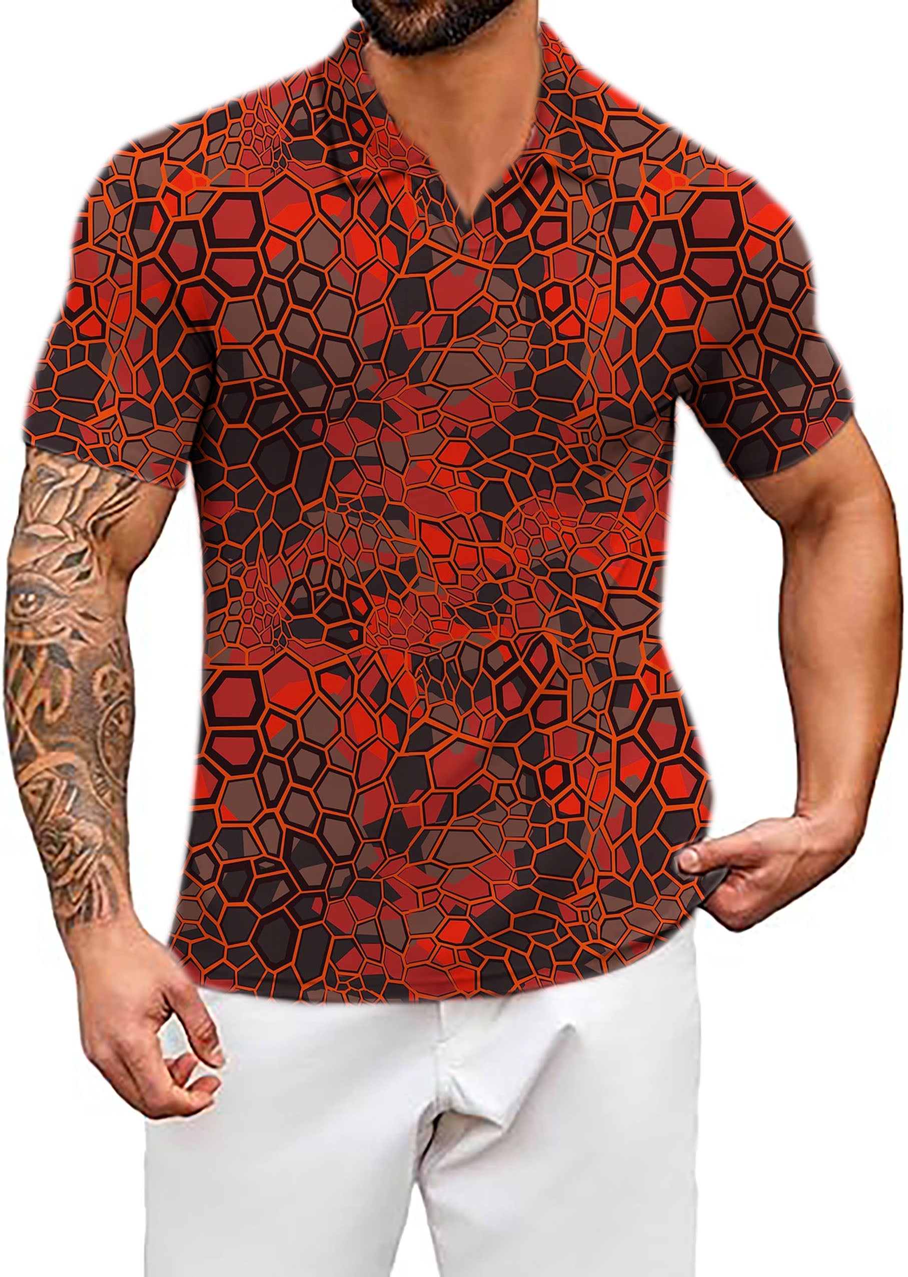 Men's Red Dragonscale V Neck Golf Polo Shirts