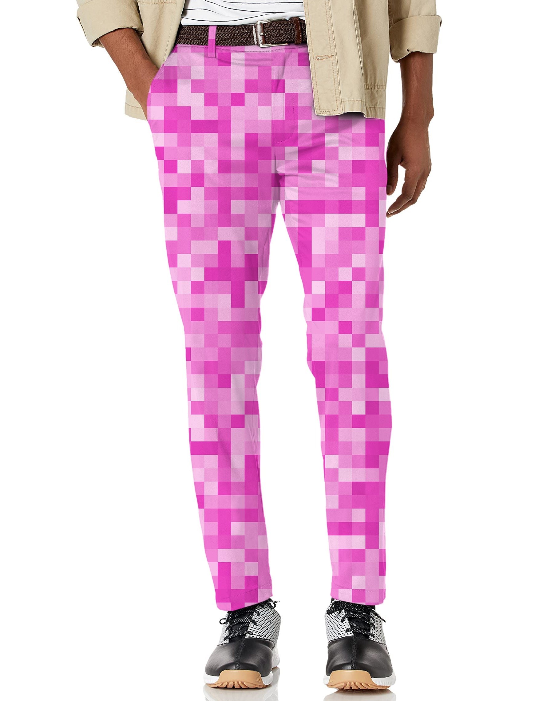 Men's rose red pixel stretch golf pants with moisture-wicking fabric and active waistband