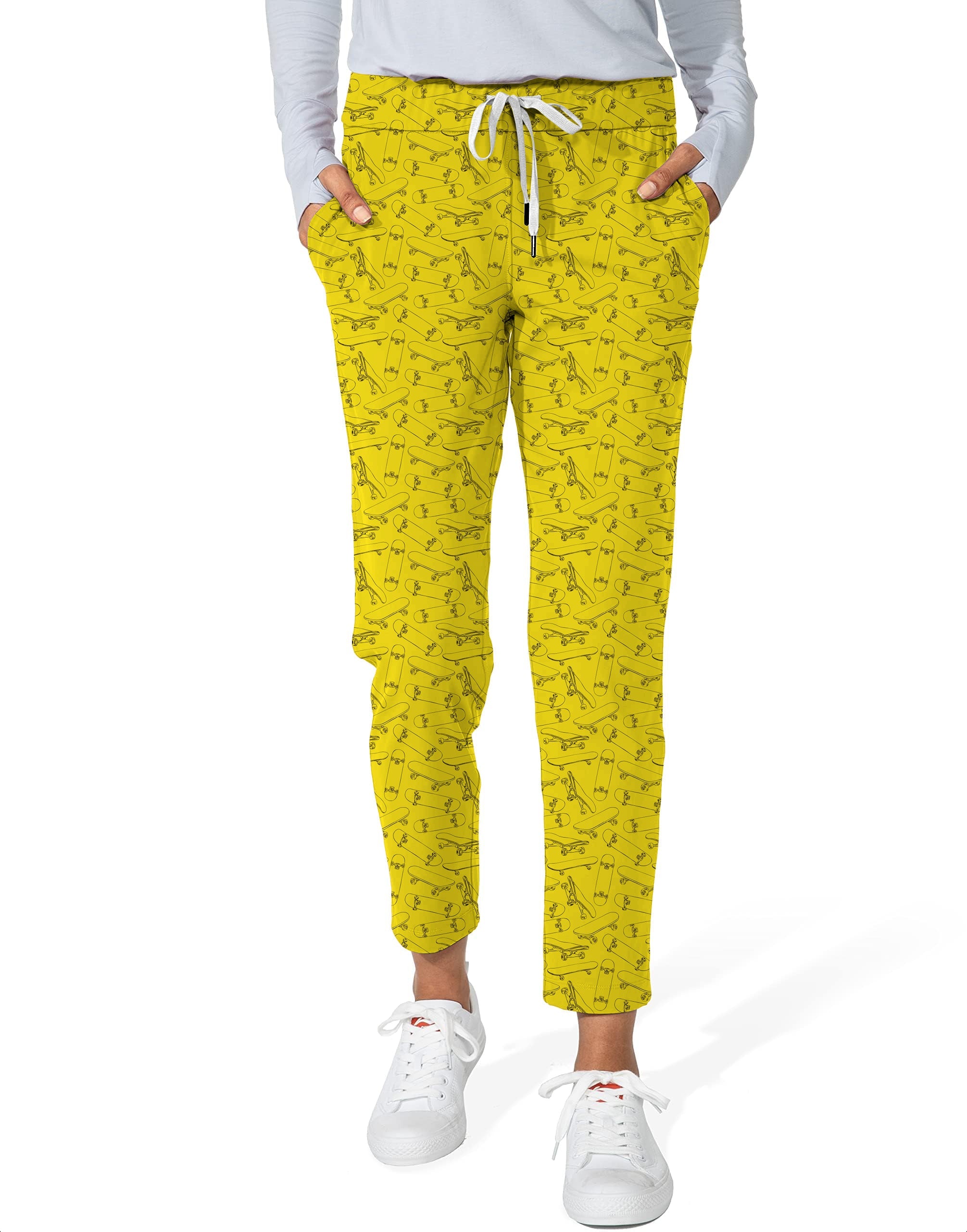 Yellow skateboard women's 7/8 stretch ankle golf pants with drawstring and skateboard pattern