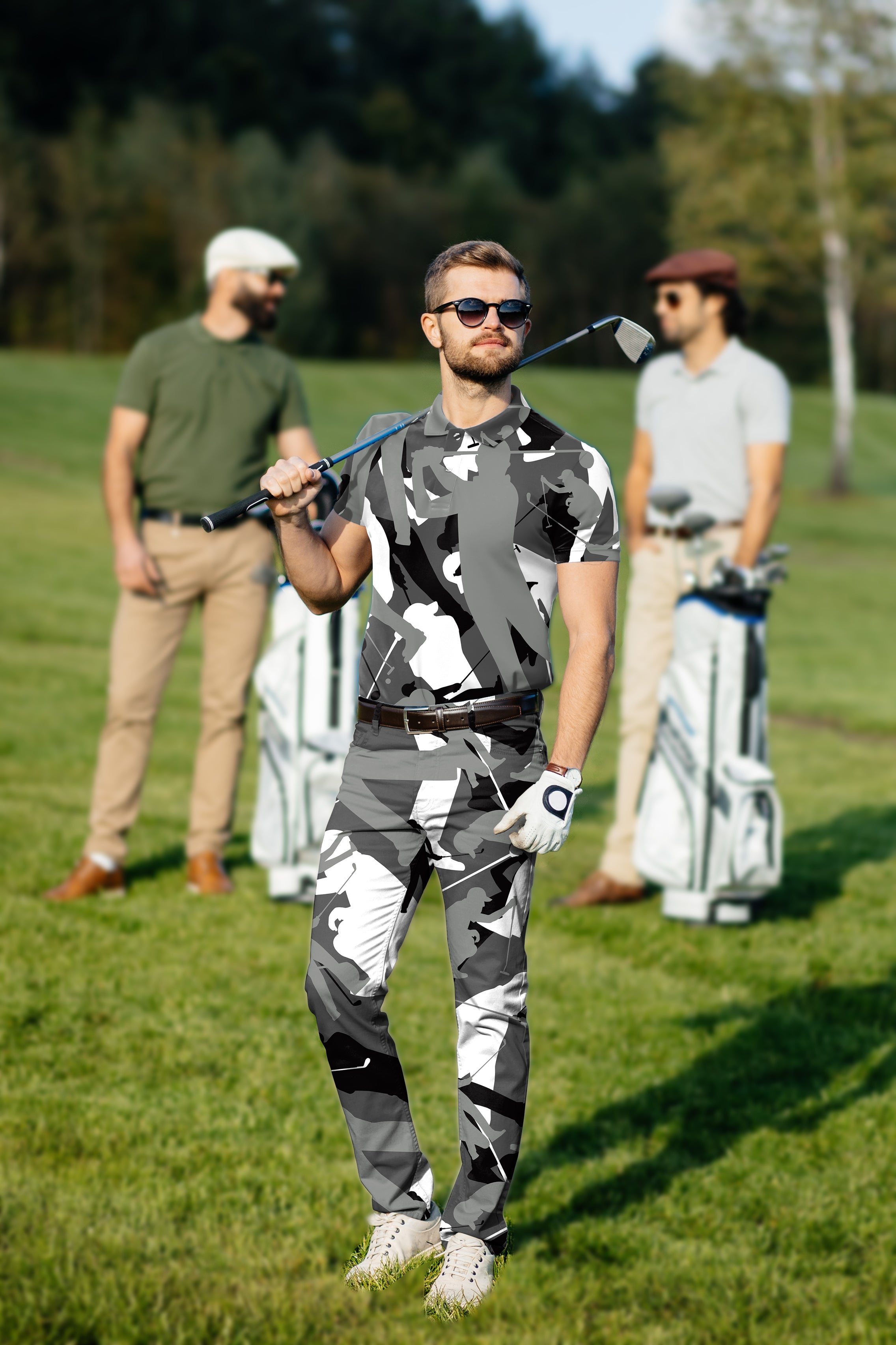 Men's golf set with black and white camouflage polo and pants designed for comfort and style on the course