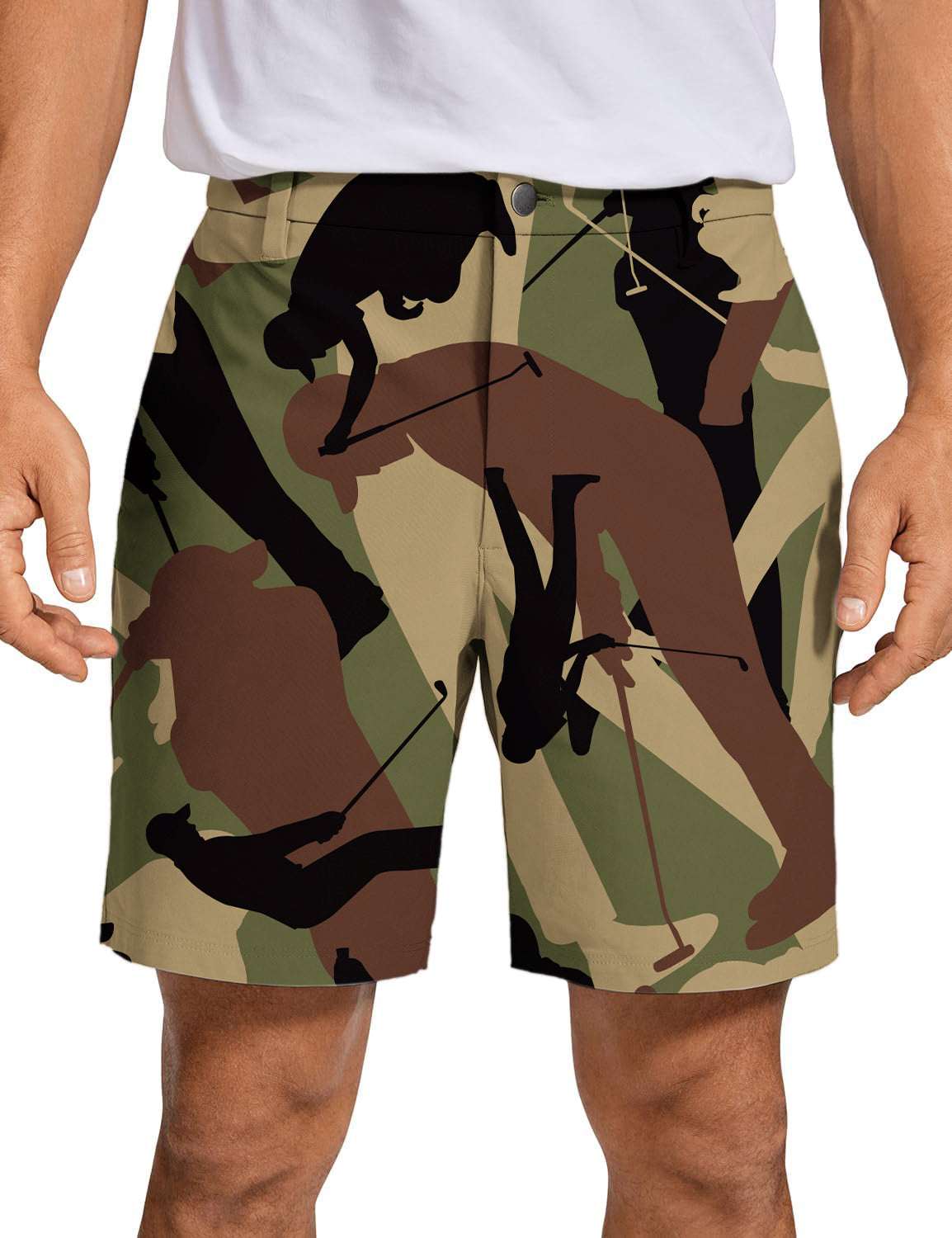 Men's army green golf shorts with camouflage golf player pattern and breathable lightweight fabric
