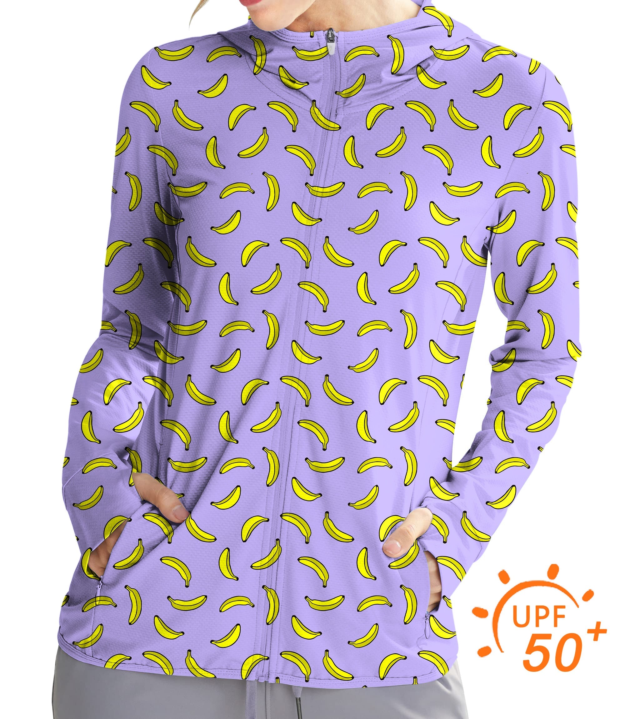 Women's taro purple zip hoodie with banana print, lightweight sun protection golf shirt with UPF 50+ and thumb holes