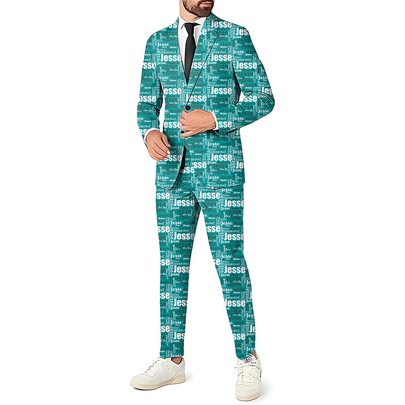 Custom repeat name men's party suit set with blazer, pants, and vest in teal color