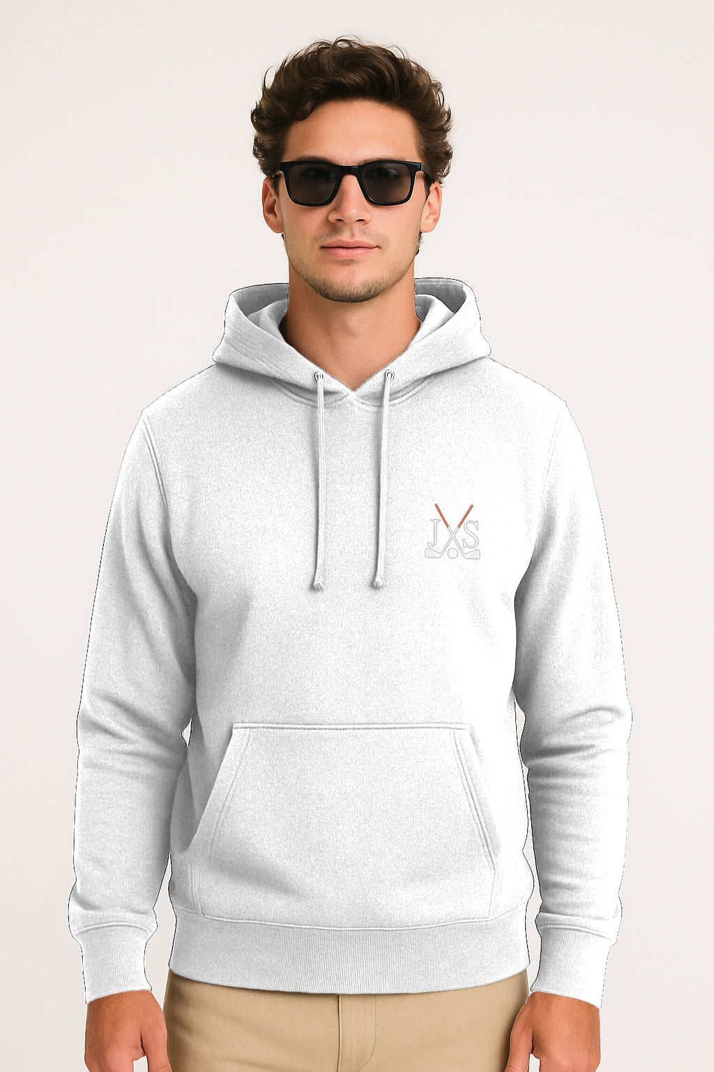 Men's white embroidery solid color hoodie with three-panel hood and front pouch pocket