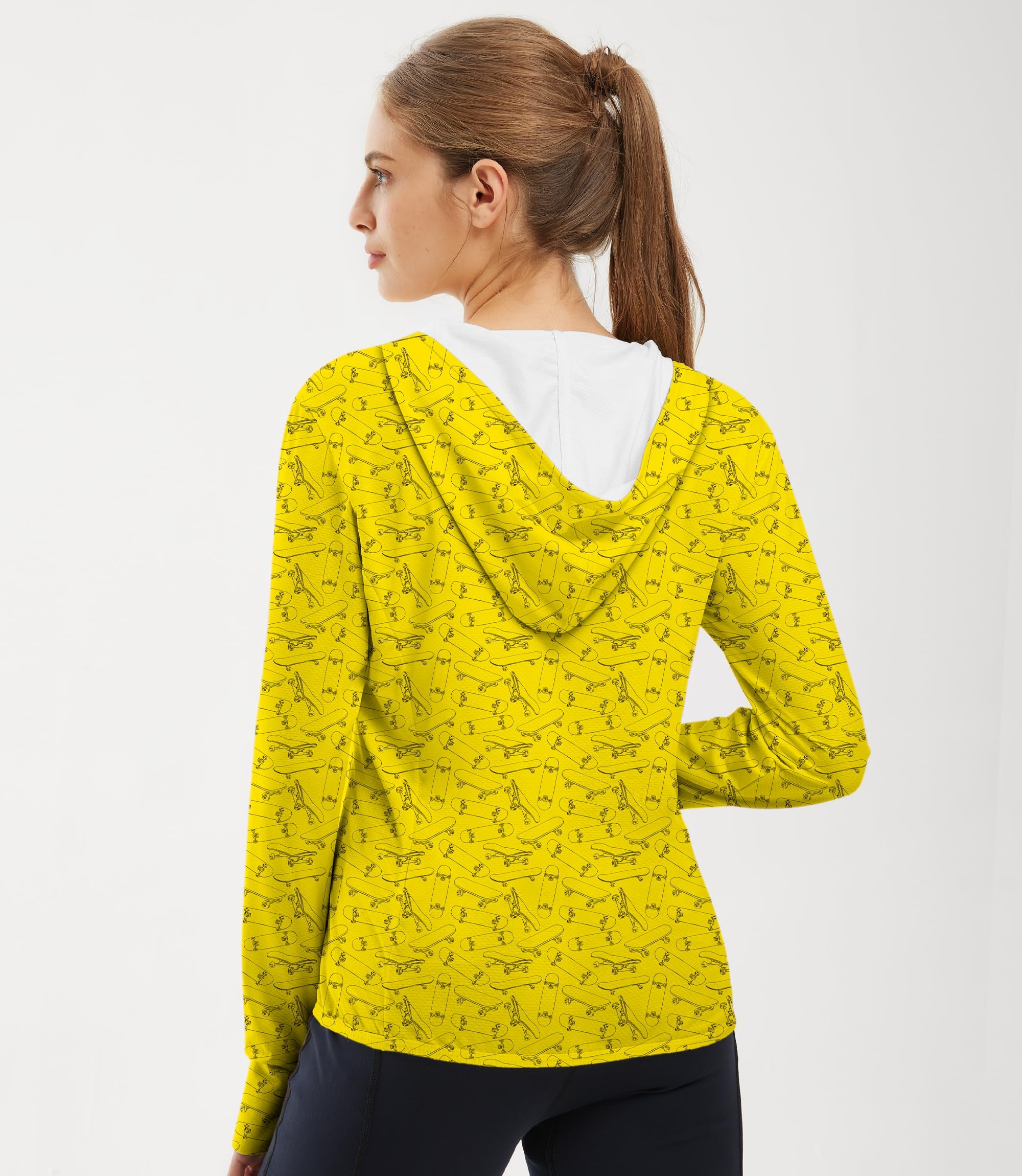 Women's outdoor yellow skateboard pattern slim fit sun protection zip hoodie with hood and thumb holes