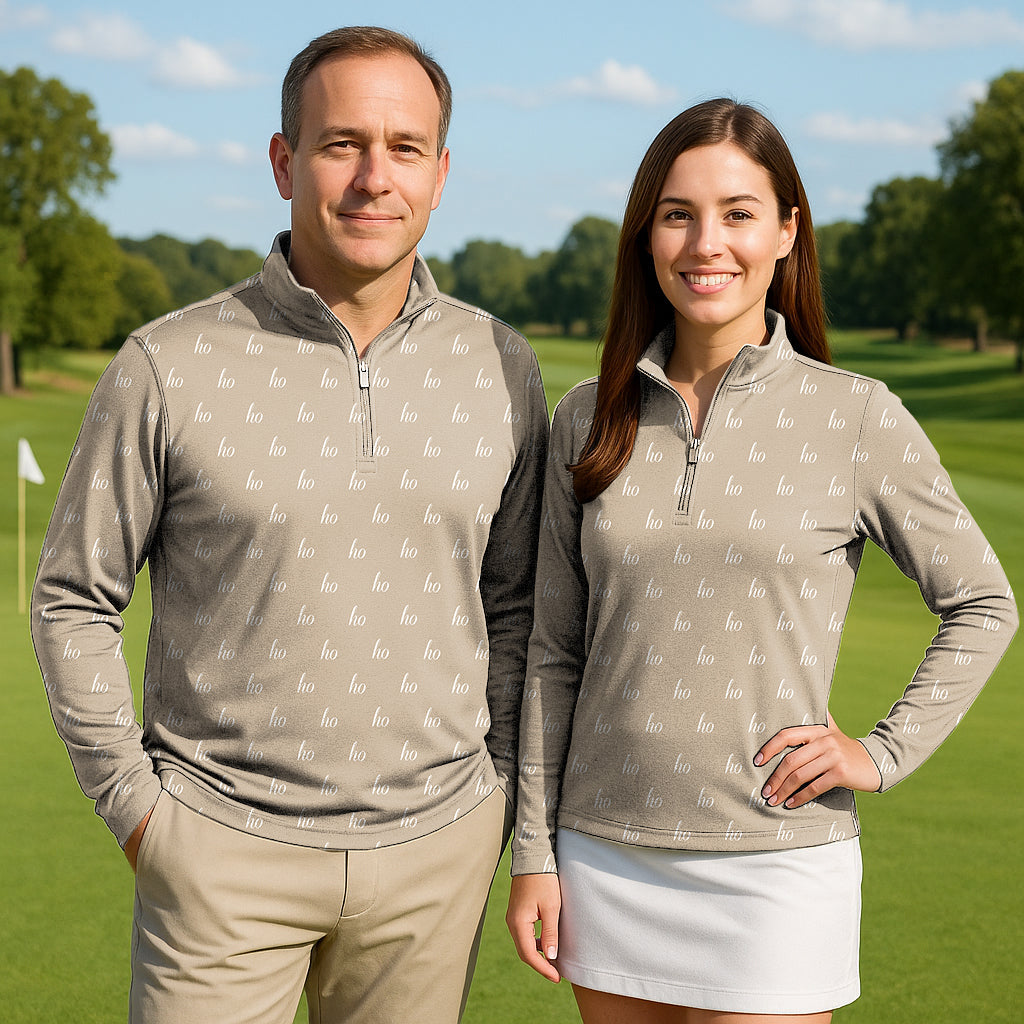 Beige custom name Christmas couple golf active 3/4 zip top with long sleeves on man and woman outdoors