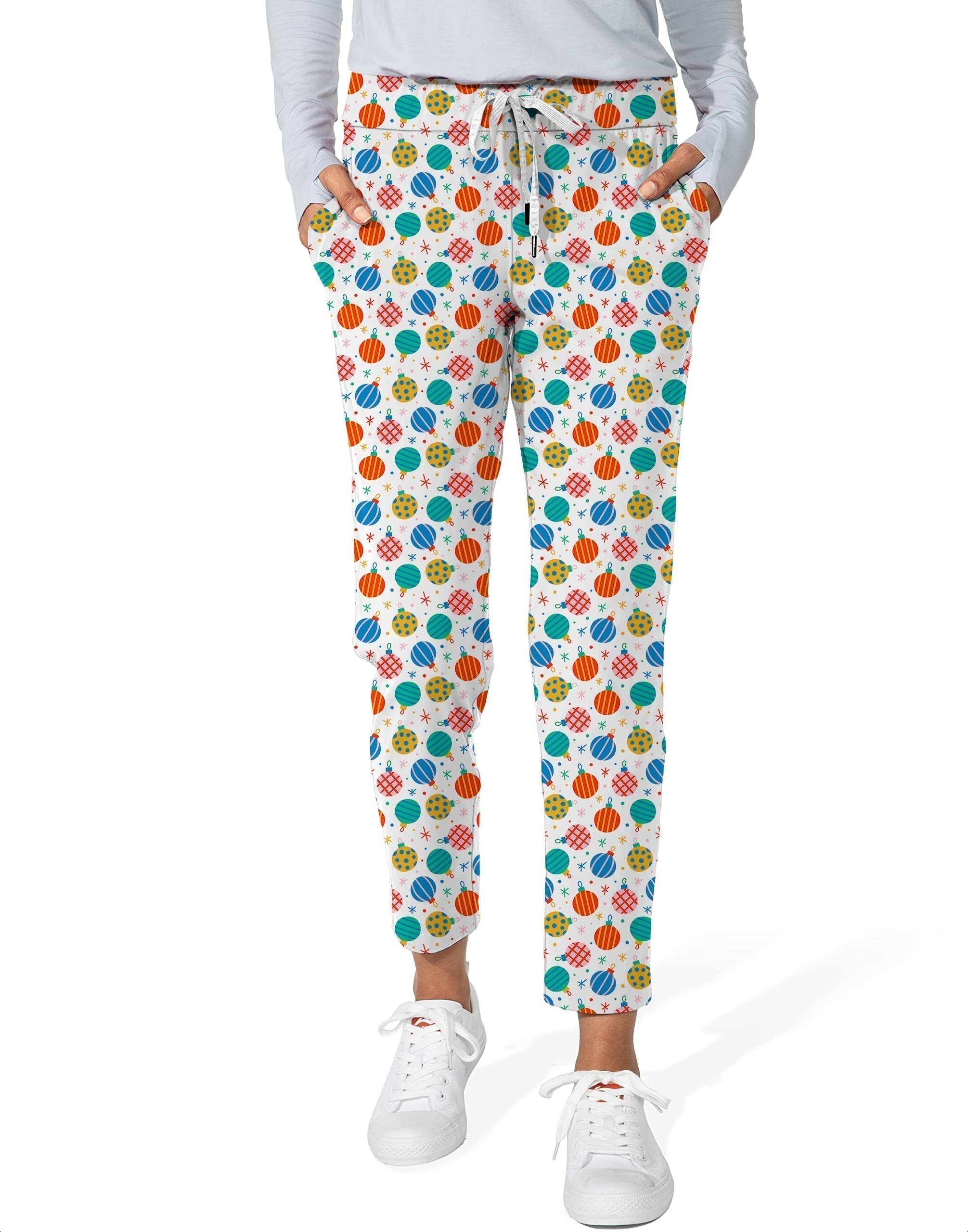 Women's 7/8 stretch ankle golf pants with colorful Christmas decoration pattern and side pockets