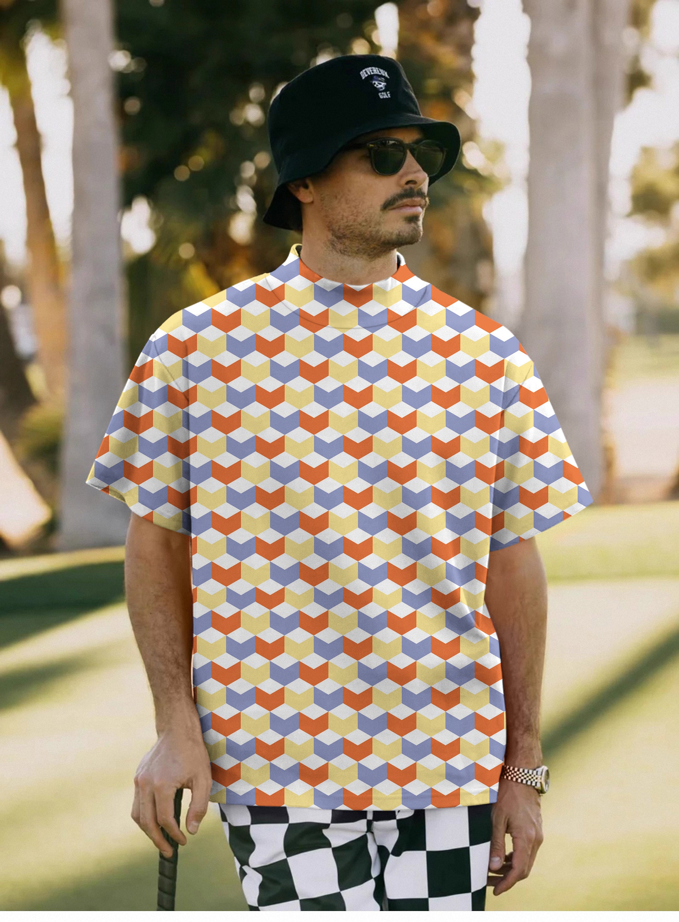 Men's colorful 3d square box Pullover High neck Long/Short sleeve T-Shirt